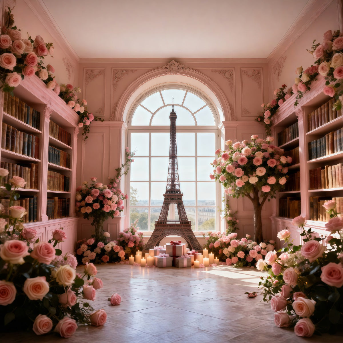 Paris Themed Backdrops Rose Library Window Romance Eiffel Tower Backdrops RR61-64