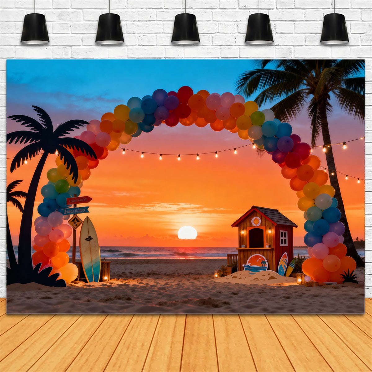 Beach Sunset Backdrop Balloon Arch Palm Trees Summer Theme Backdrop RR61-8