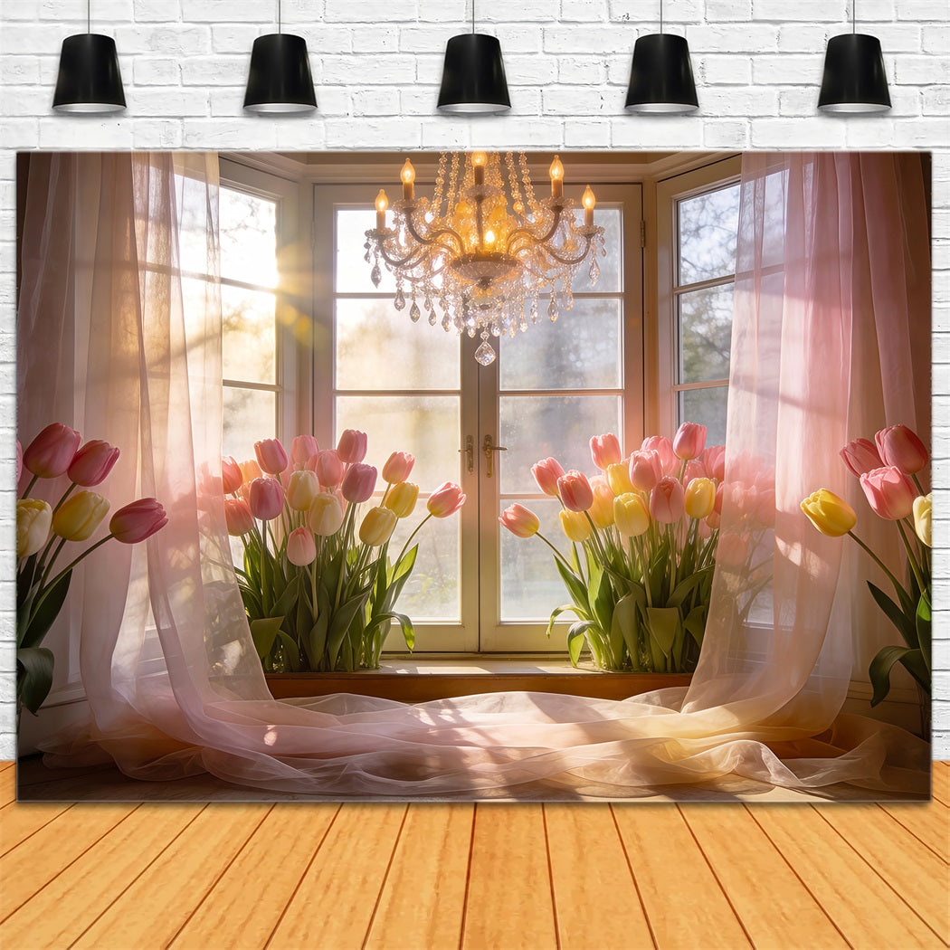 Tulip Backdrop Golden Sunlit Window Chandelier Spring Backdrops For Photography RR62-16