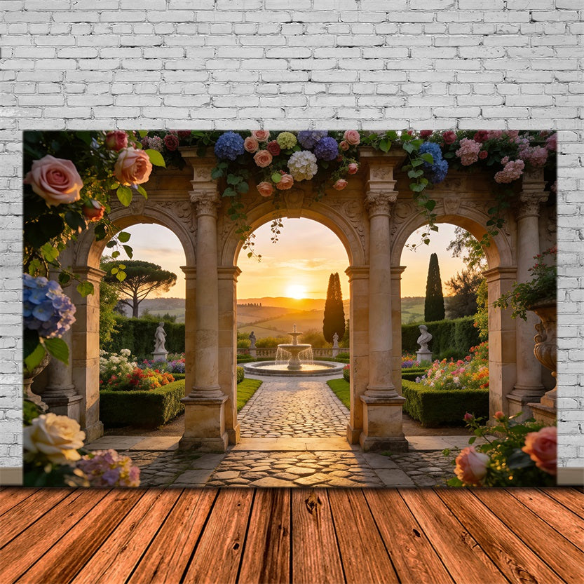 Enchanted Garden Backdrop Sunset Window Stone Archway Spring Picture Backdrop RR62-21