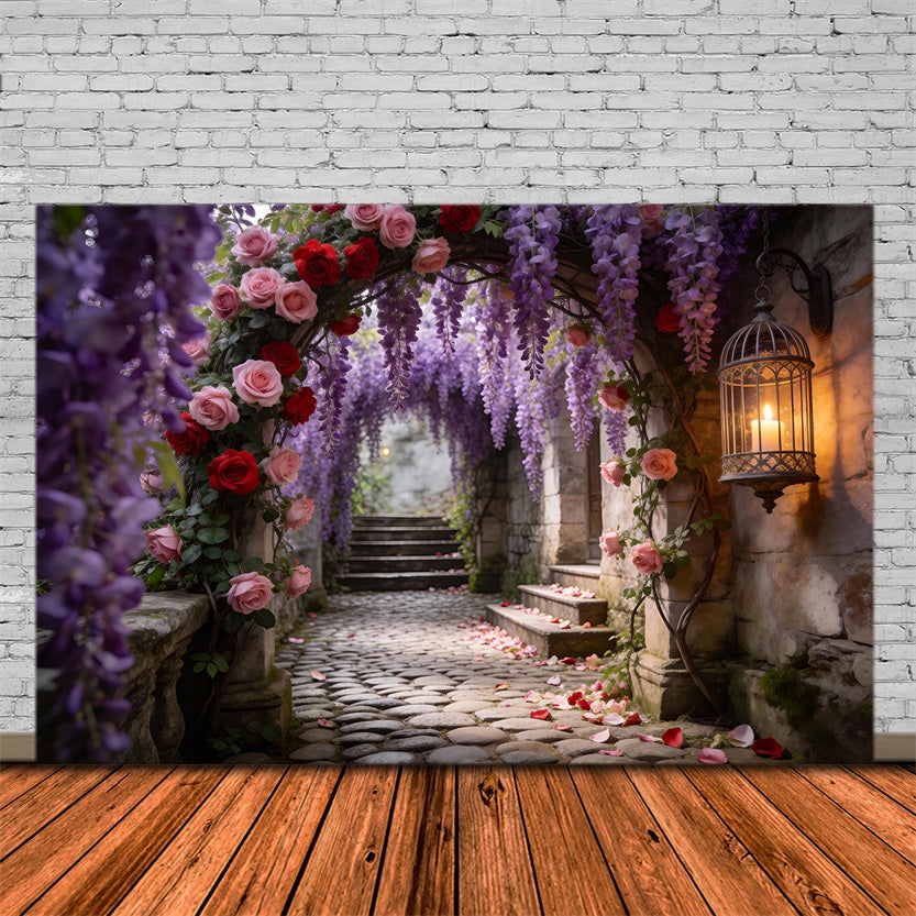 Flower Garden Backdrop Wisteria Rose Stone Passage Spring Photo Backdrop Ideas RR62-25
