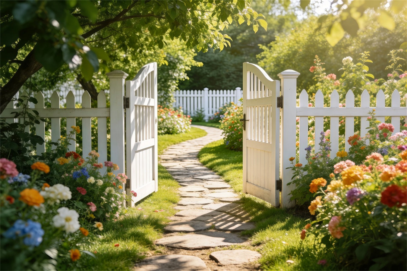 Enchanted Garden Photo Backdrop White Fence Meadow Pathway Spring Backdrops RR62-27