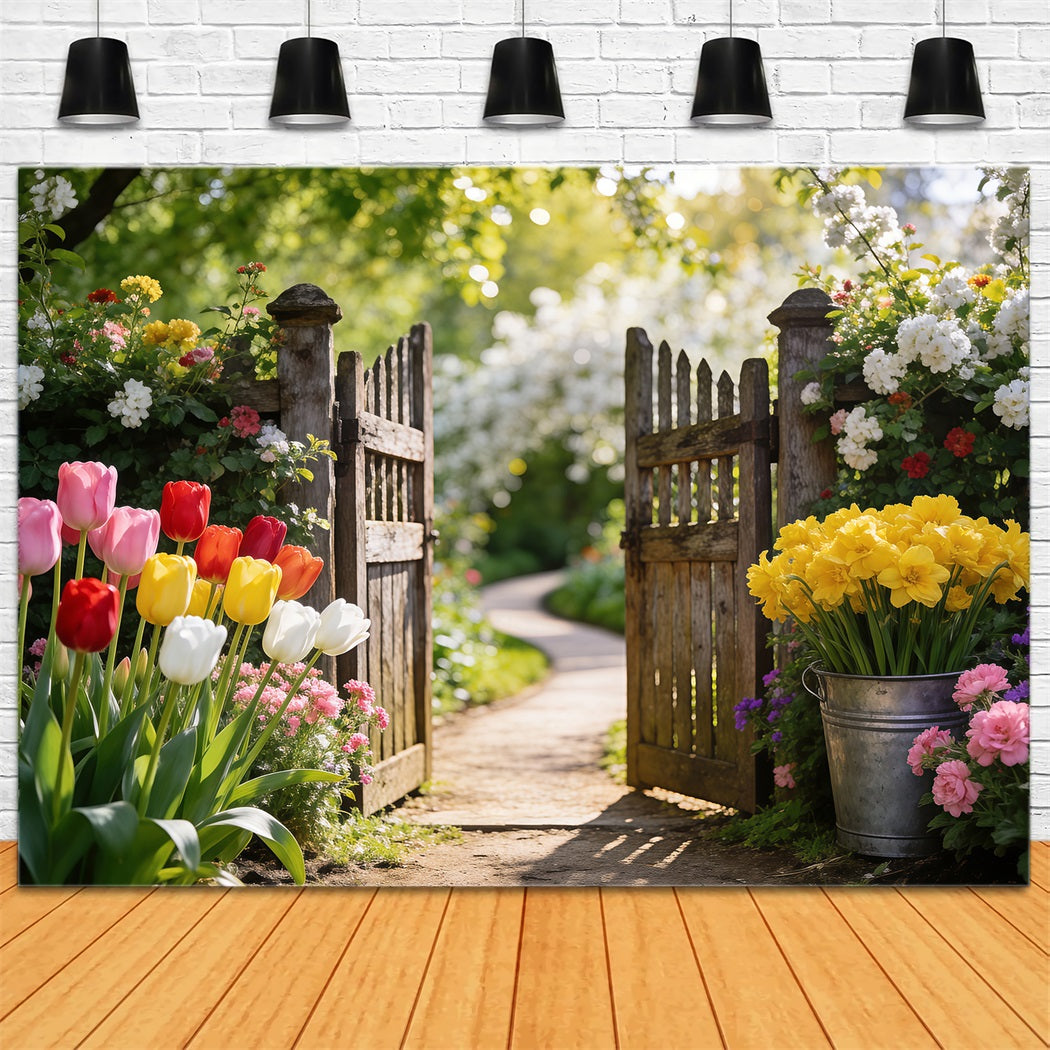 Daffodil Backdrop Tulip Garden Wooden Gate Spring Photoshoot Backdrop RR62-29