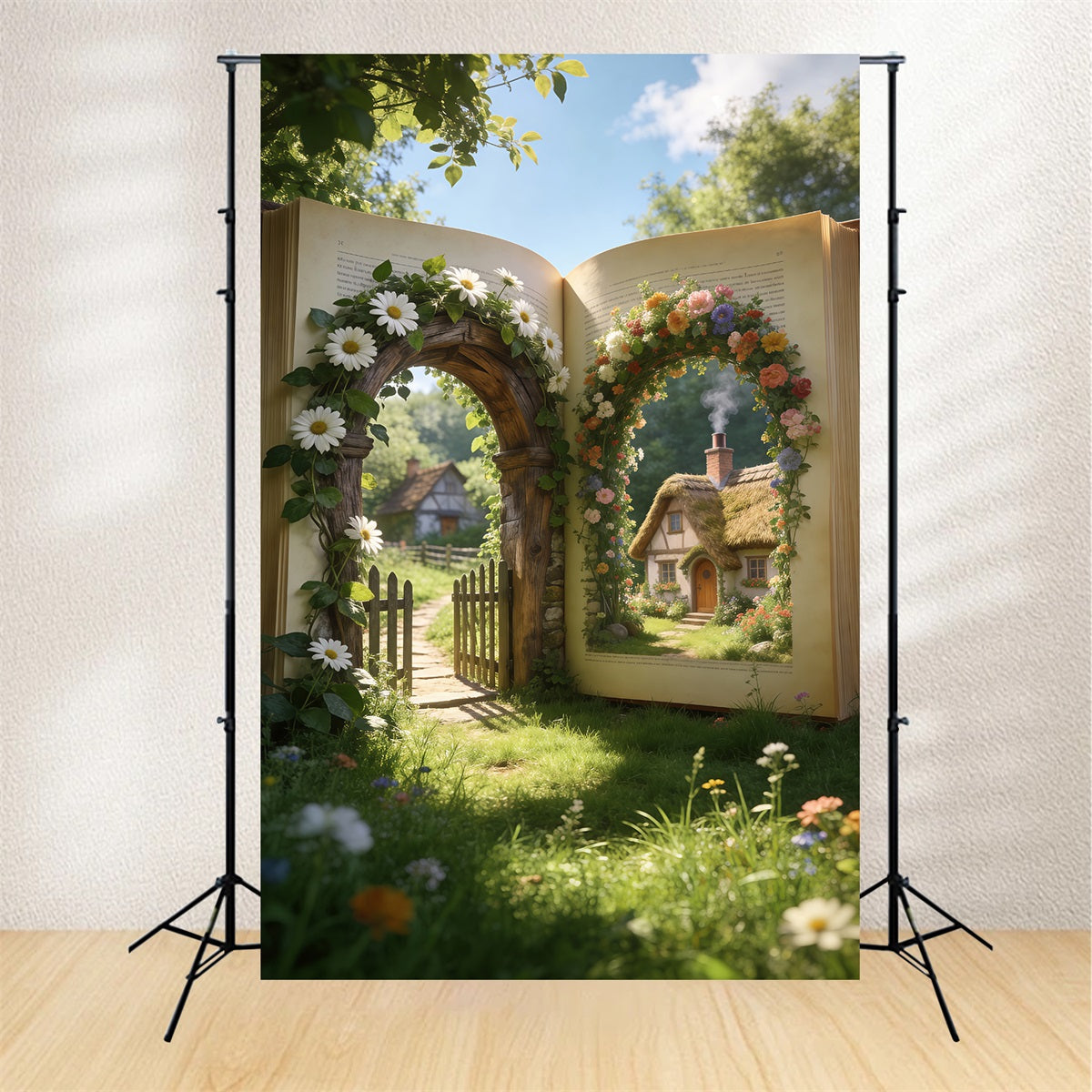 Spring Barn Backdrop Storybook Garden Cottage Gateway Floral Backdrop Photography RR62-33