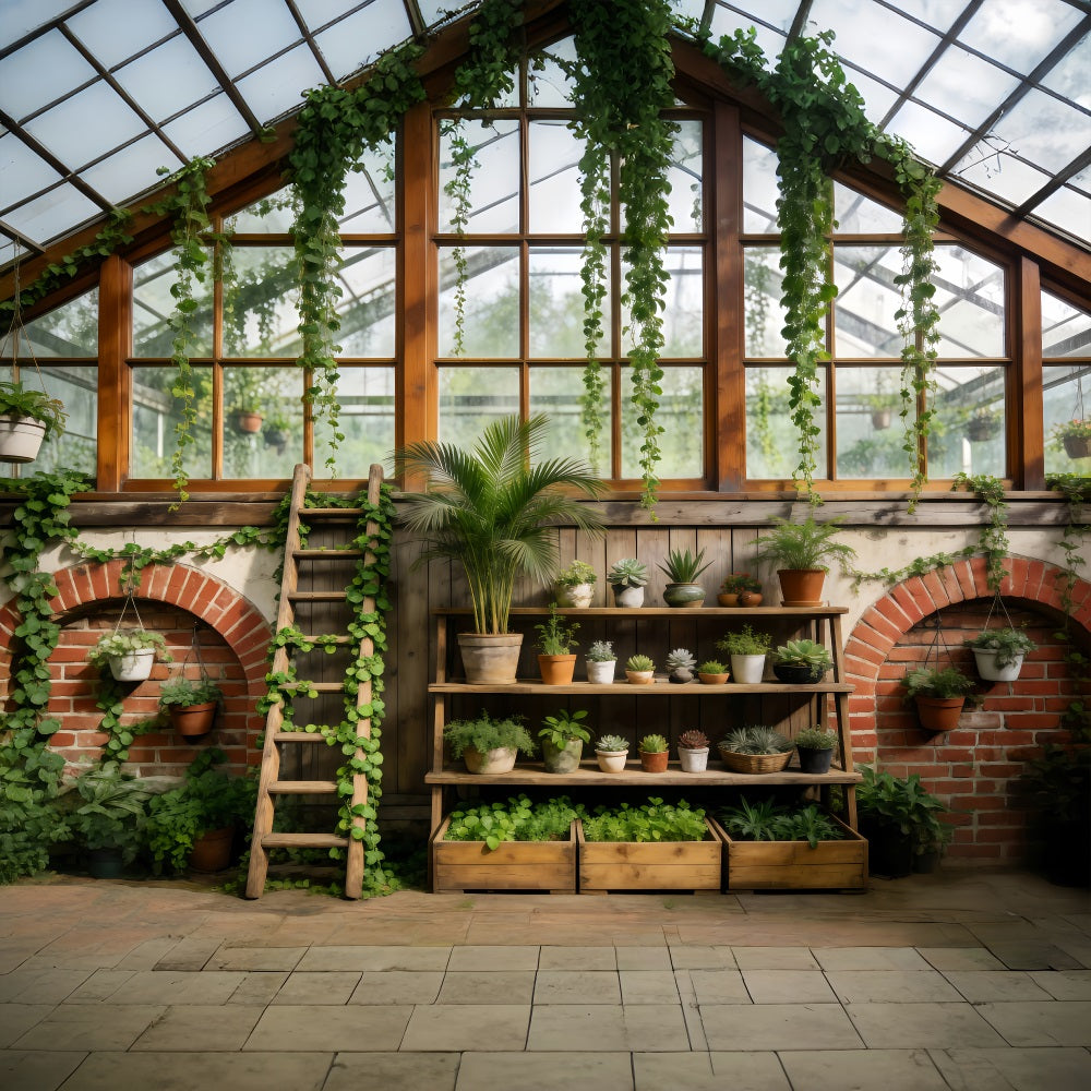 Spring Greenhouse Backdrop Rustic Botanical Shelves Photography Spring Backdrop RR62-40