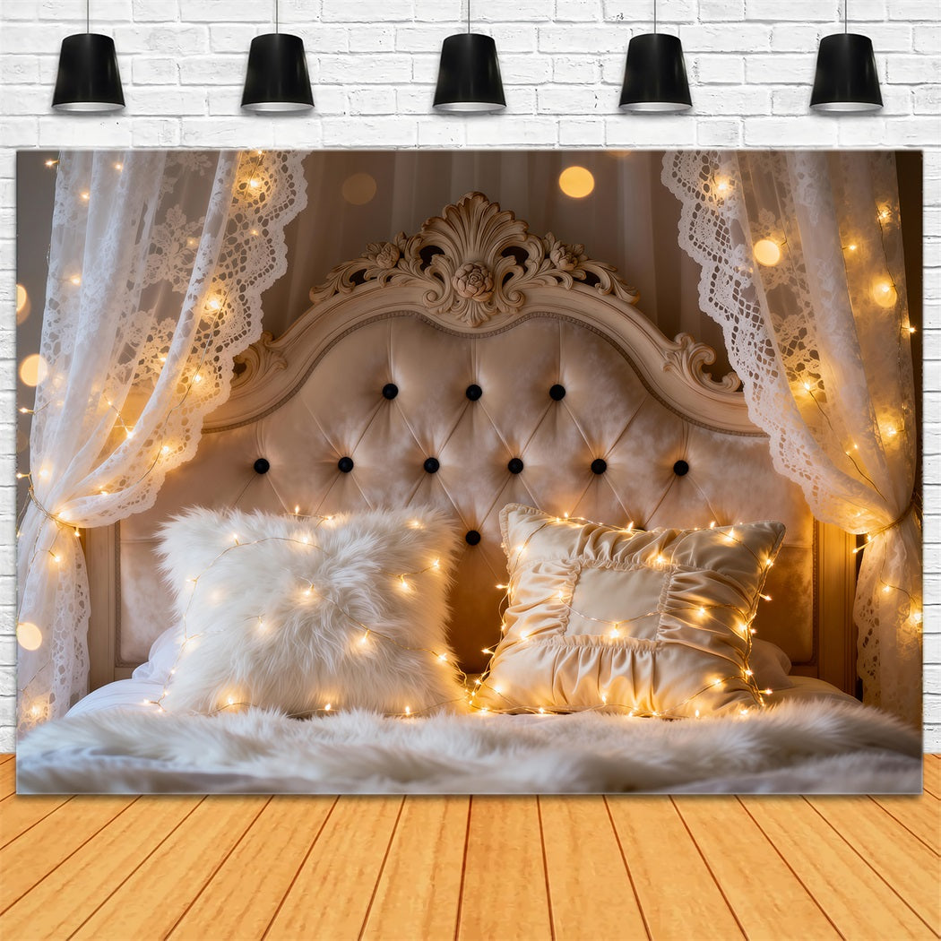 Boudoir Backdrop Ideas Ivory Lace Fairy Light Glow Tufted Headboard Backdrop RR62-54