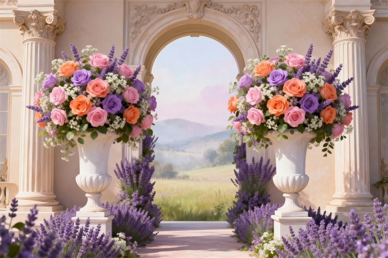 Enchanted Garden Backdrop Pastel Floral Courtyard Valley View Spring Backdrop RR62-8