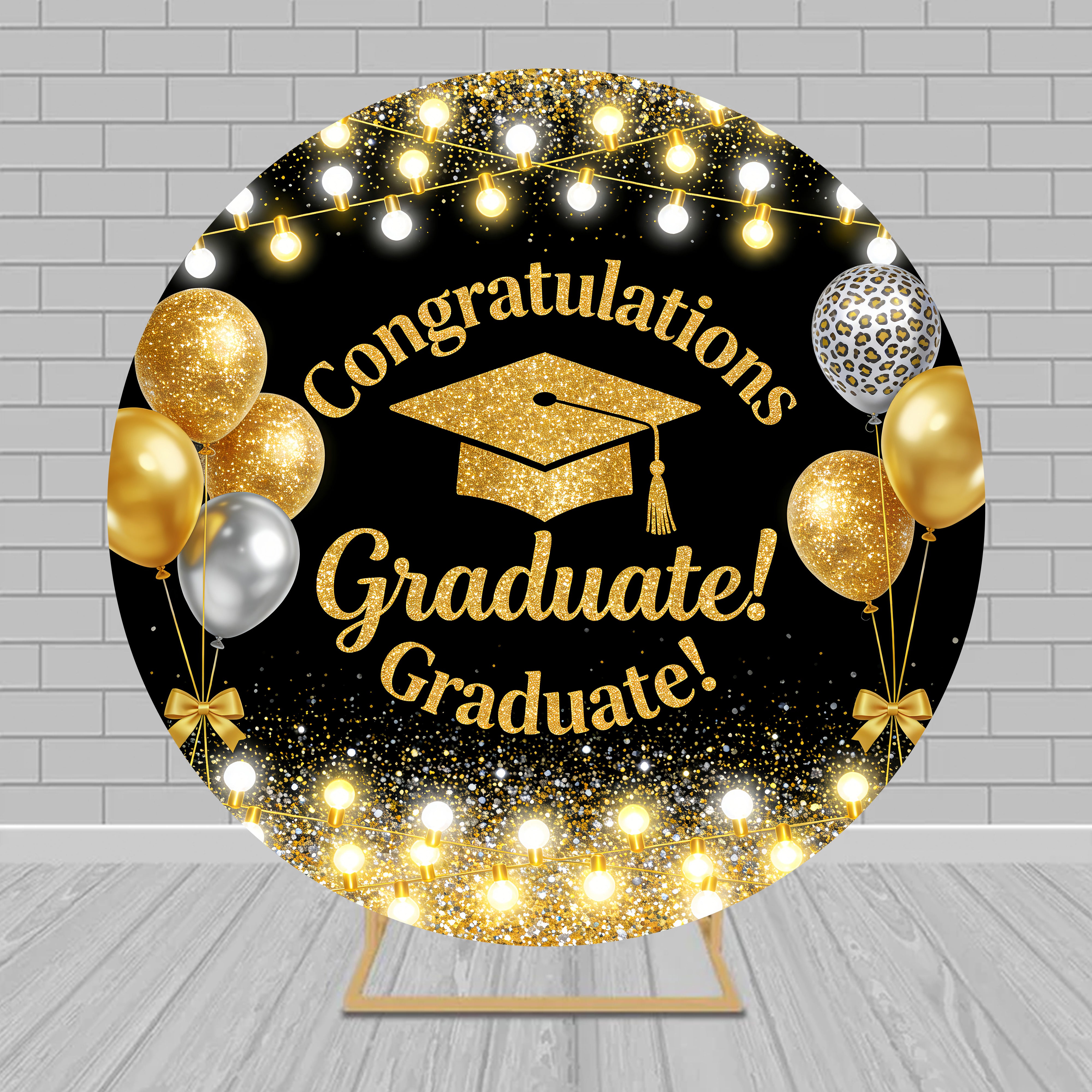 Graduation Balloon Backdrop Black Gold Light String Glitter Round Backdrop Ideas RR63-119
