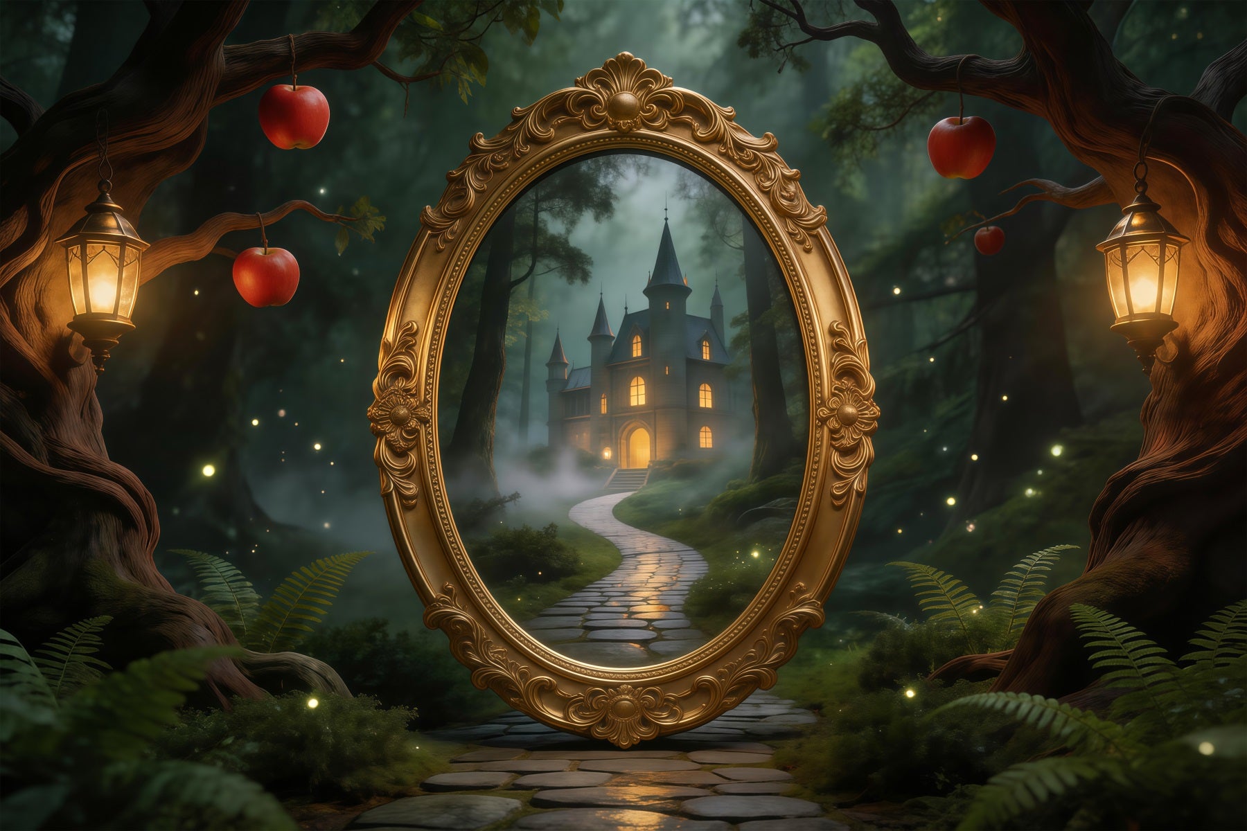 Forest Backdrop Mystic Mirror Castle Path Lantern Apples Forest Themed Backdrop RR63-122