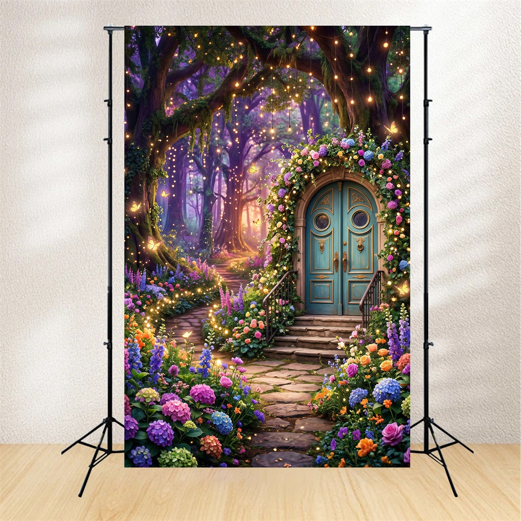 Forest Photo Backdrop Fantasy Floral Door Glowing Butterfly Garden Twilight Forest Backdrop RR63-124
