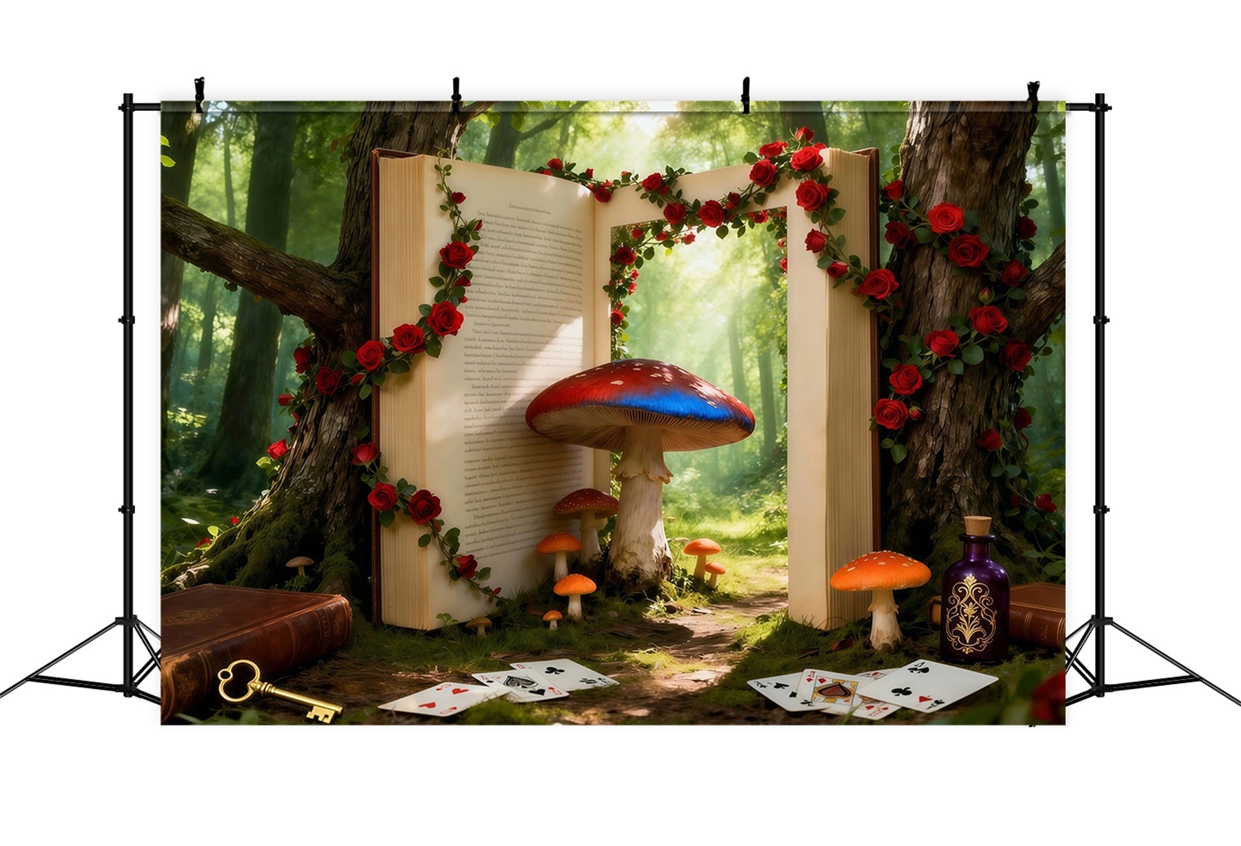 Fairy Tale Forest Backdrop Fantasy Storybook Portal Mushroom Roses Forest Photo Backdrop RR63-126