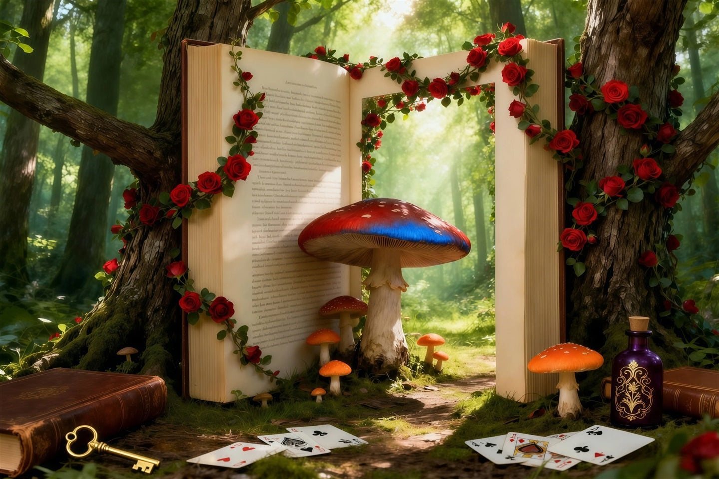 Fairy Tale Forest Backdrop Fantasy Storybook Portal Mushroom Roses Forest Photo Backdrop RR63-126