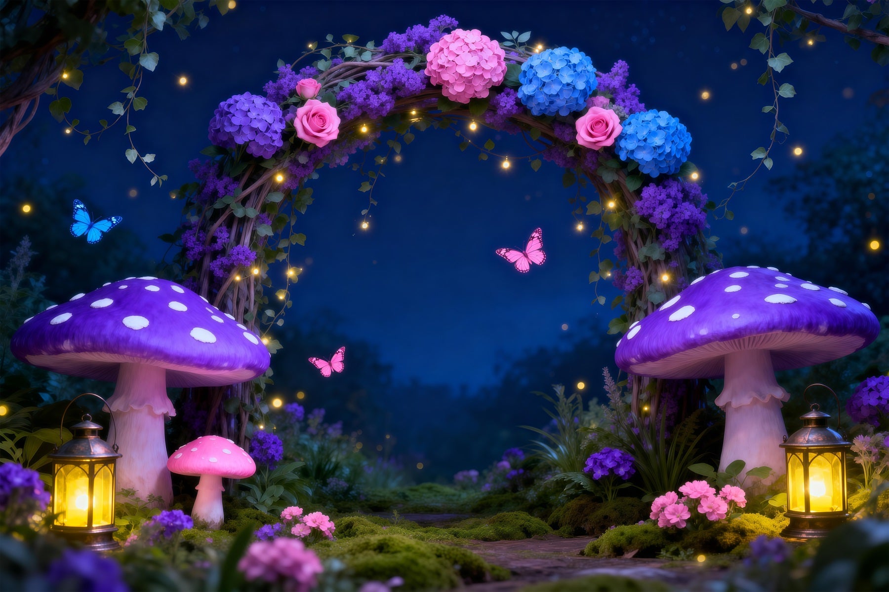 Enchanted Forest Photo Backdrop Night Fairy Arch Glowing Mushroom Forest Photo Backdrops RR63-128