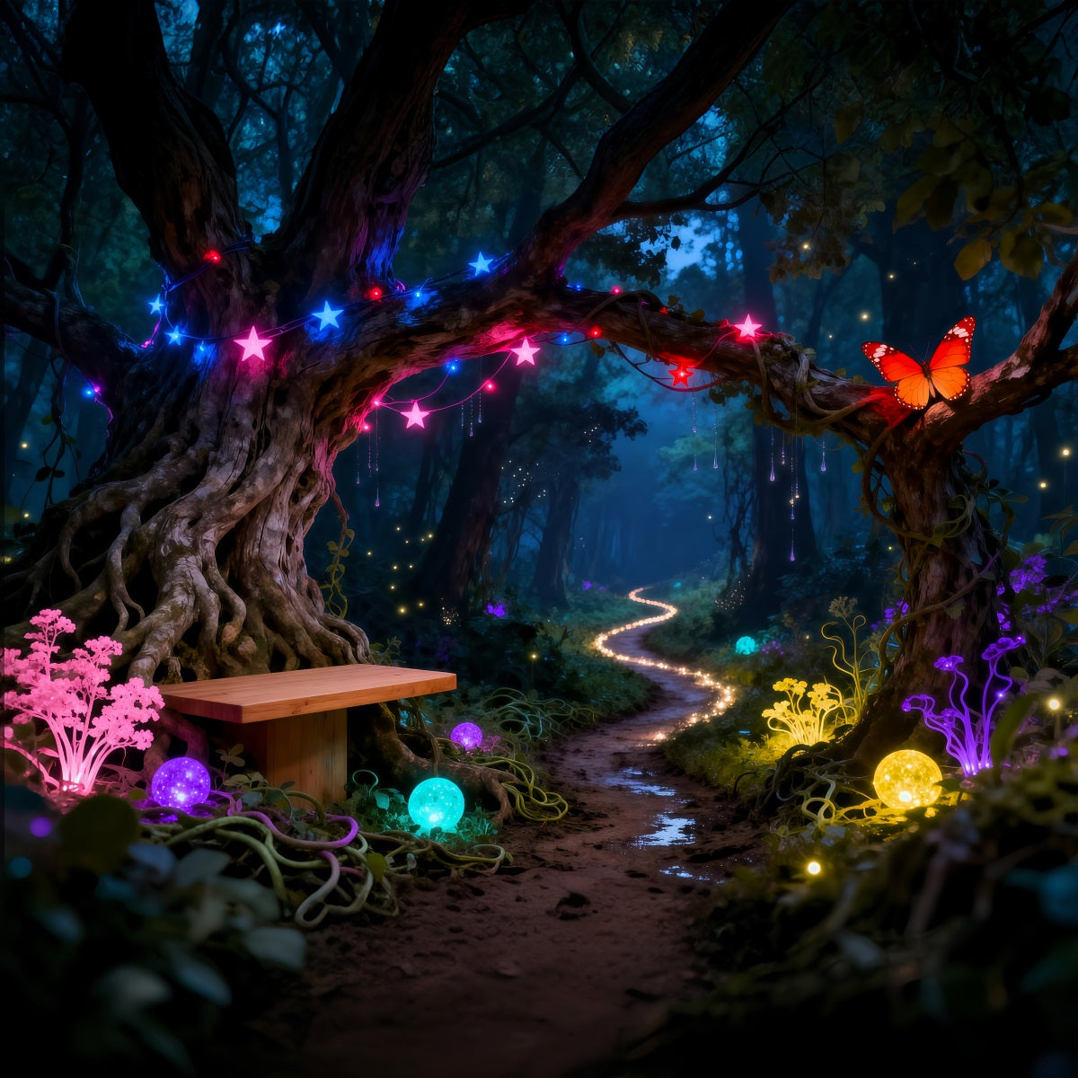 Enchanted Forest Backdrops Neon Fantasy Glowing Path Butterfly Forest Photography Backdrop RR63-130