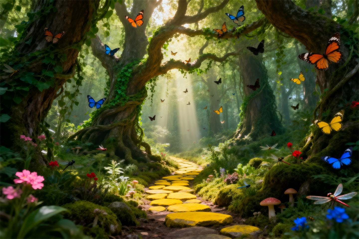 Forest Green Backdrop Golden Path Sunlight Butterfly Photography Backdrops Forest RR63-133