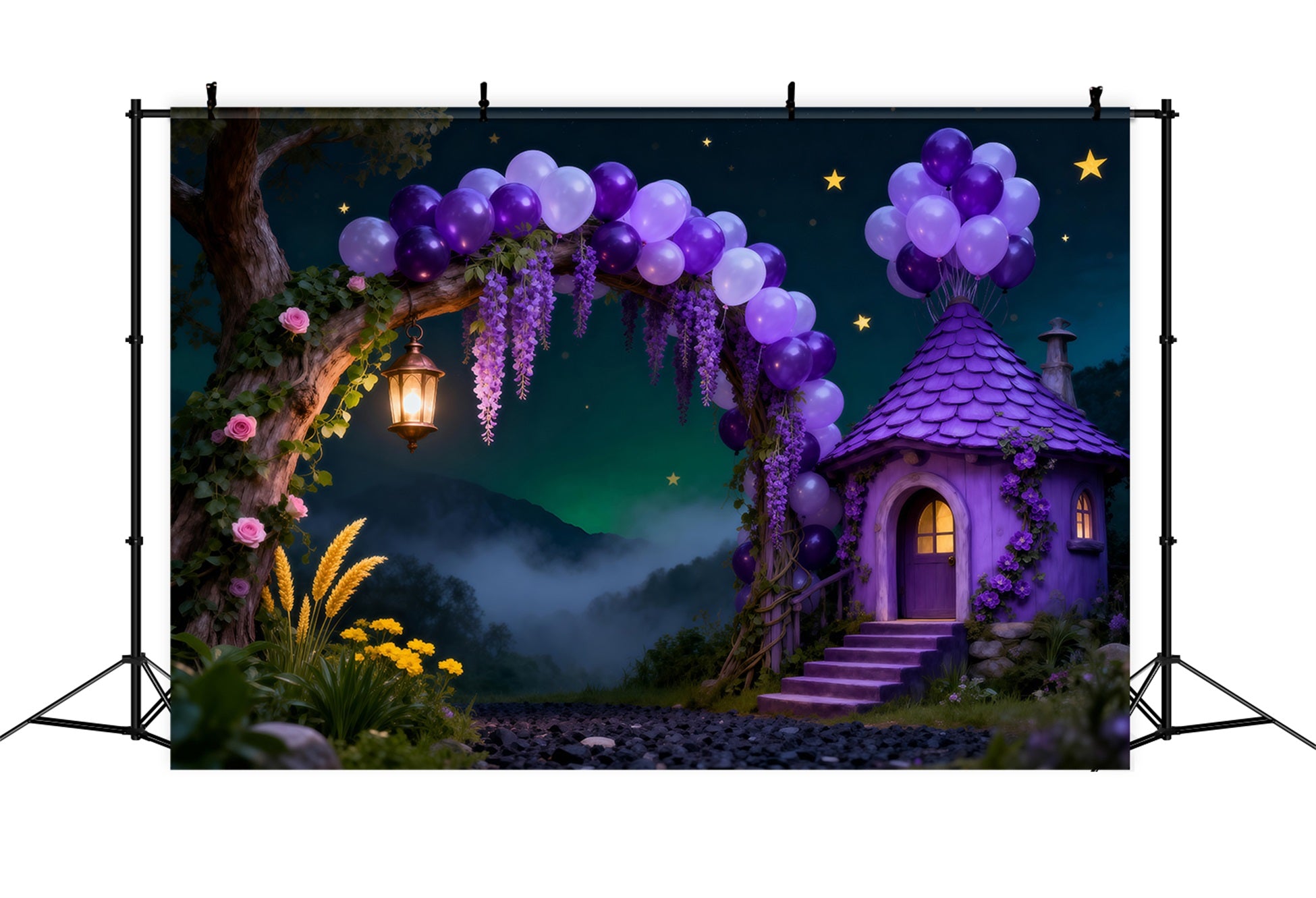 Enchanted Forest Balloon Backdrop Purple Cottage Arch Starry Night Forest Backdrop RR63-134