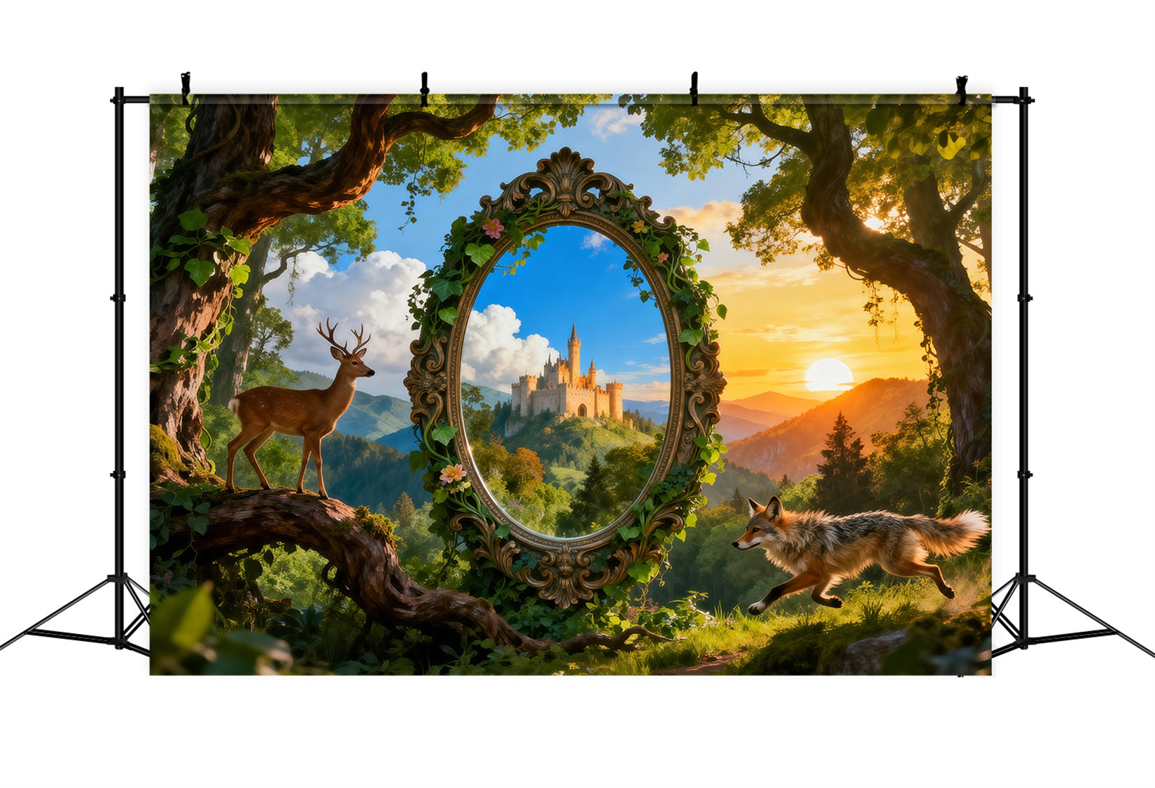 Fantasy Forest Backdrop Magic Mirror Castle Deer Fox Fairy Tale Forest Backdrop RR63-135