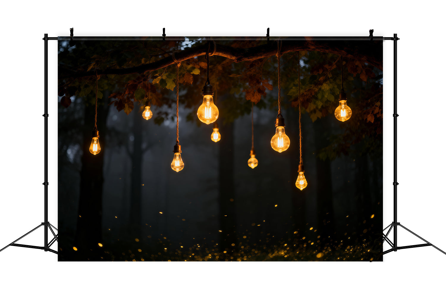 Photo Backdrop Forest Warm Hanging Bulbs Autumn Night Forest Photo Booth Backdrop RR63-137