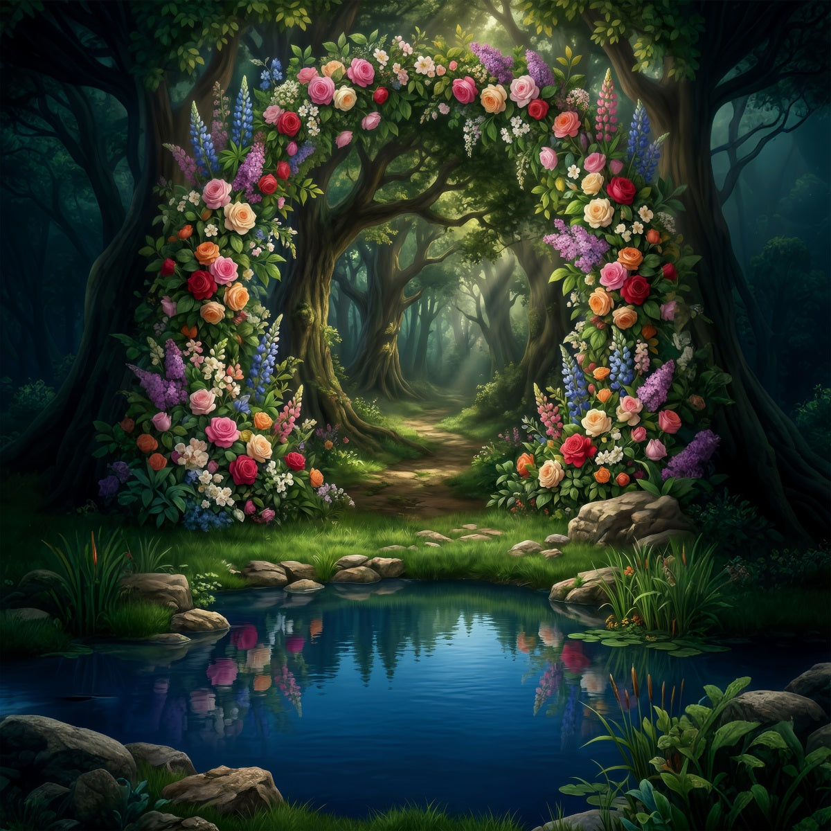 Forest Scene Backdrop Floral Arch Lake Reflection Woodland Path Fantasy Forest Backdrop RR63-138