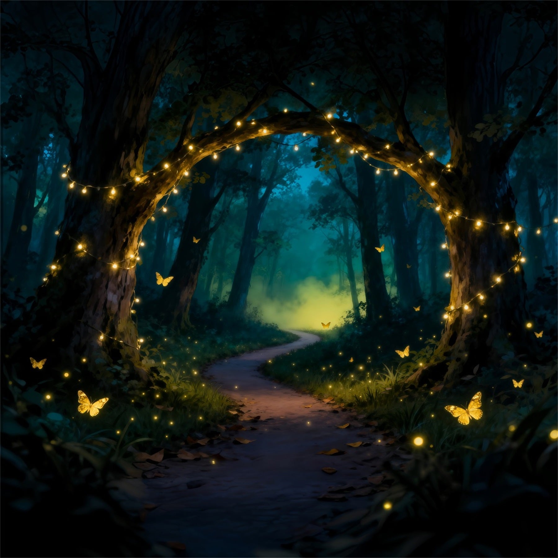 Enchanted Forest Theme Backdrop Golden Light Arch Butterfly Dream Path Forest Backdrop RR63-140