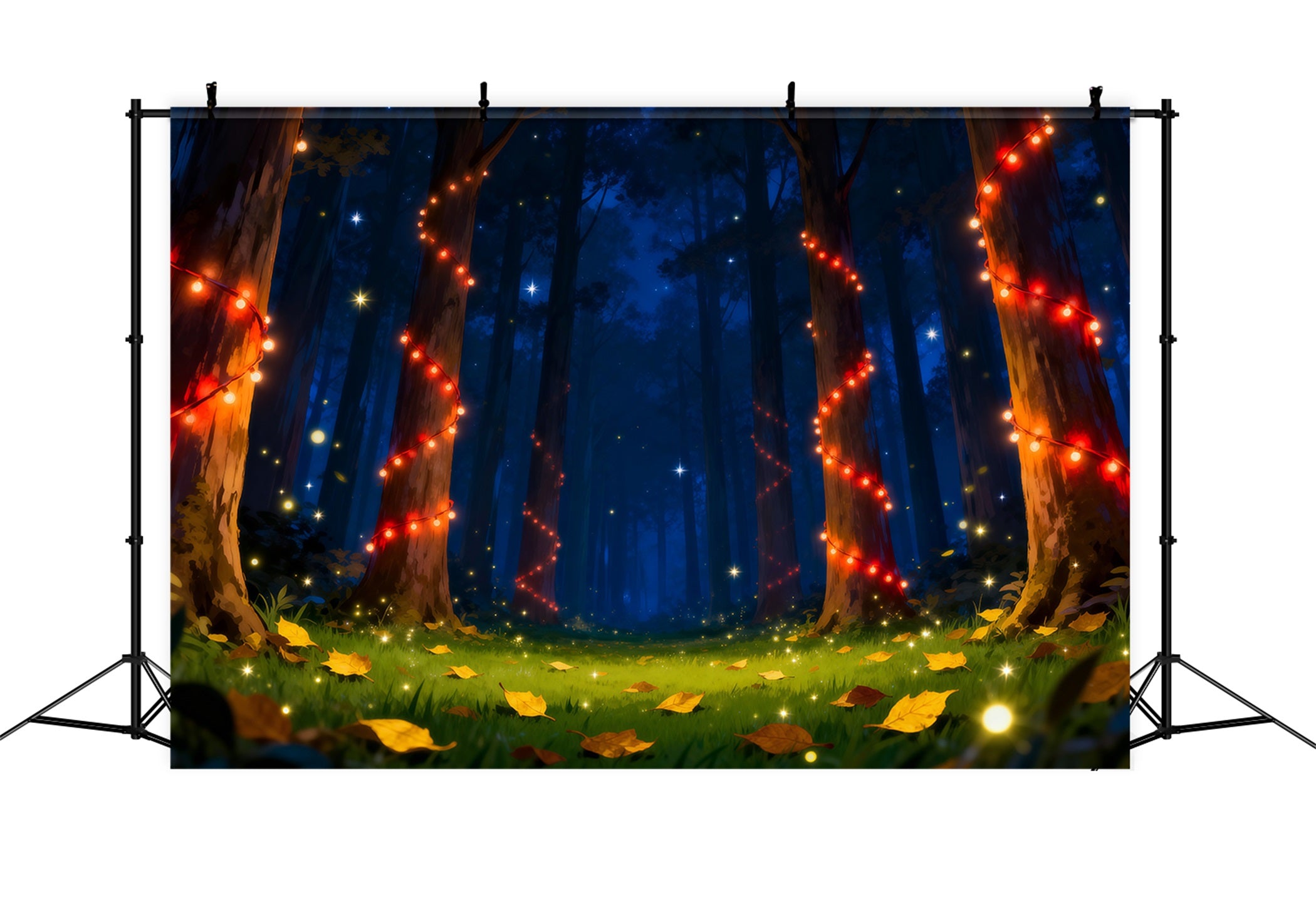 Backdrop Enchanted Forest Red String Lights Night Glowing Trees Night Forest Backdrop RR63-141