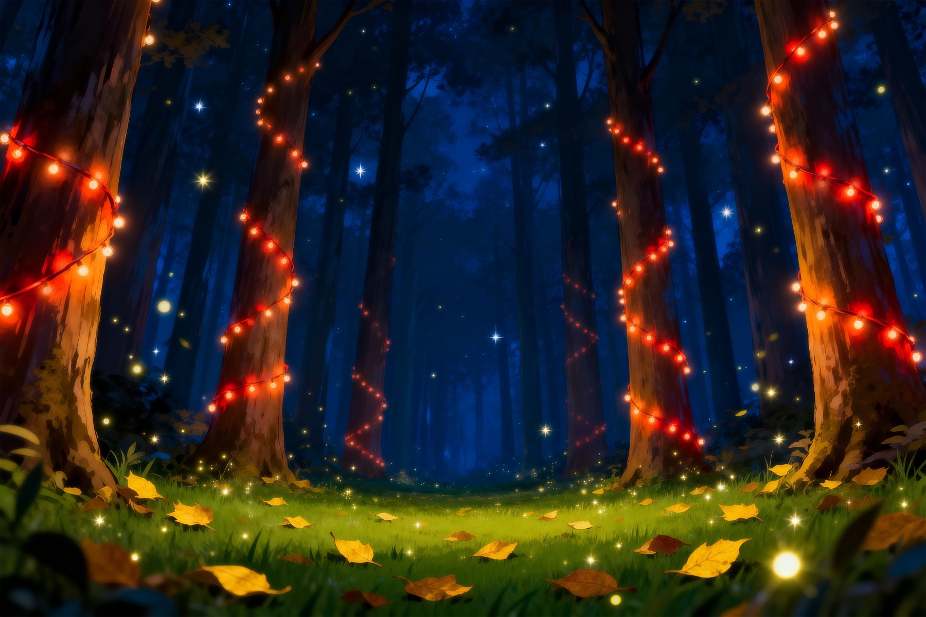 Backdrop Enchanted Forest Red String Lights Night Glowing Trees Night Forest Backdrop RR63-141