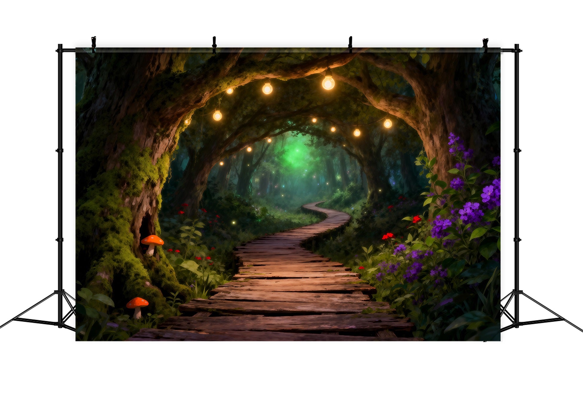 Woodland Forest Backdrop Glowing String Light Wooden Path Tunnel Backdrop Enchanted Forest RR63-146