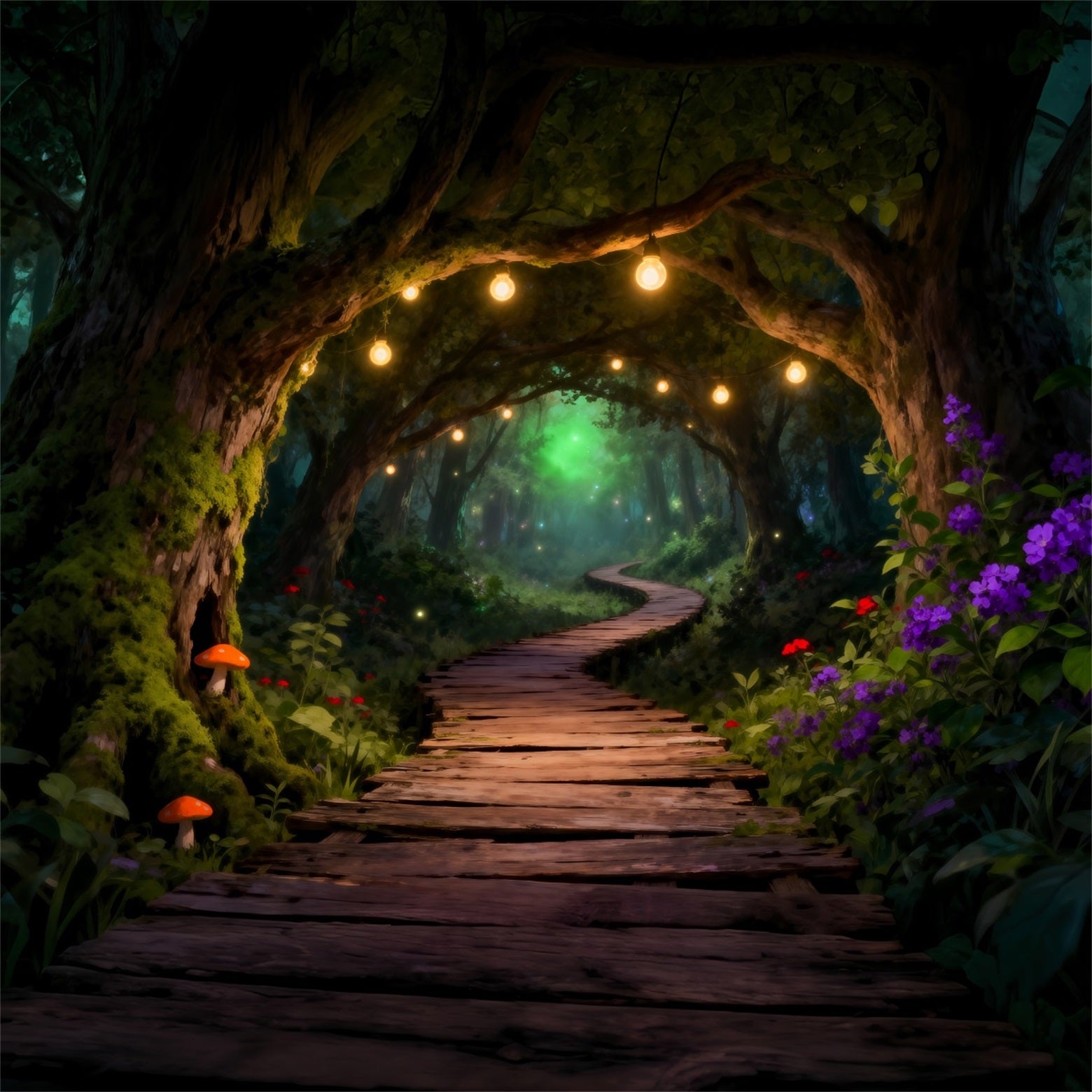 Woodland Forest Backdrop Glowing String Light Wooden Path Tunnel Backdrop Enchanted Forest RR63-146