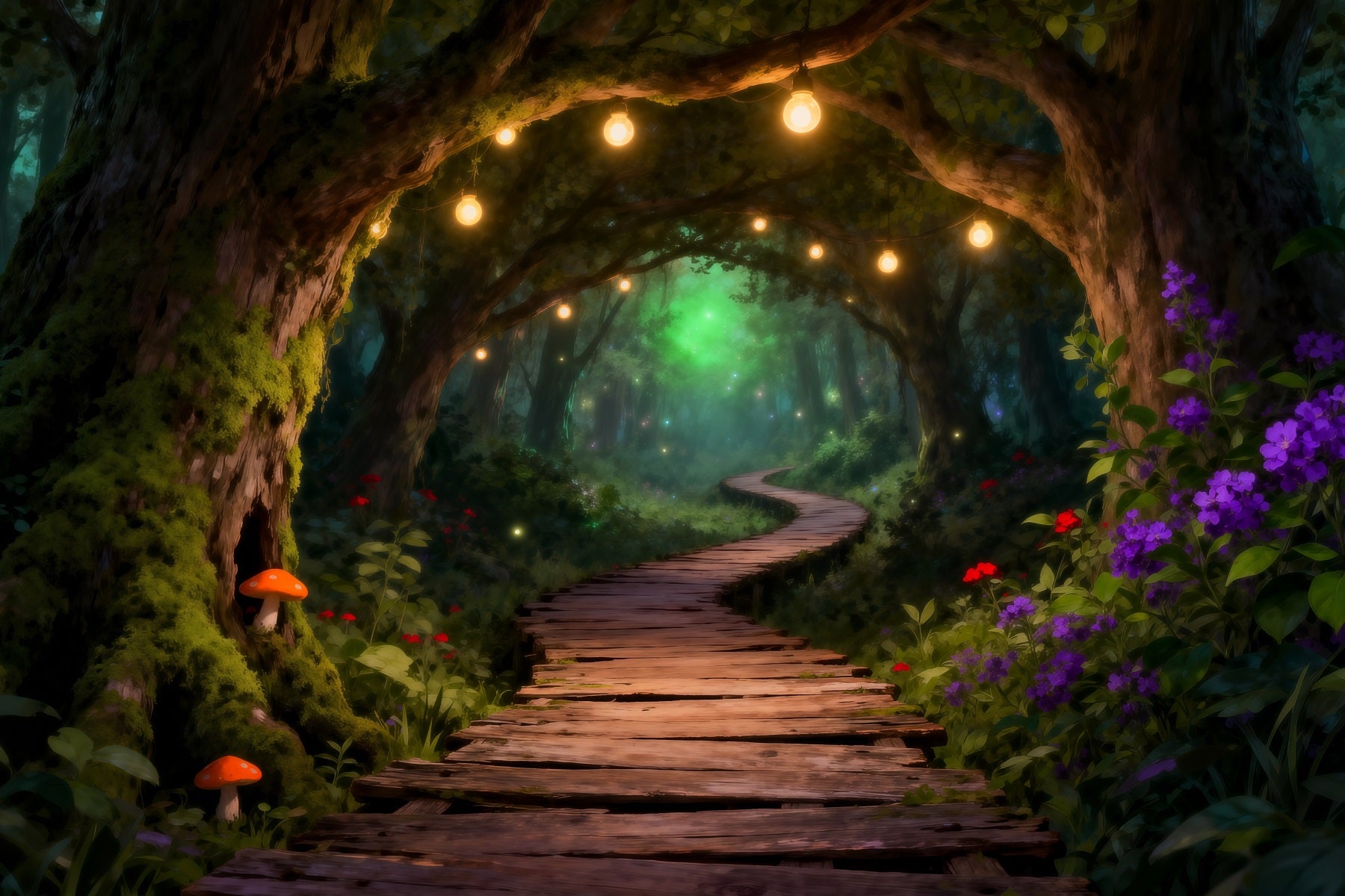Woodland Forest Backdrop Glowing String Light Wooden Path Tunnel Backdrop Enchanted Forest RR63-146
