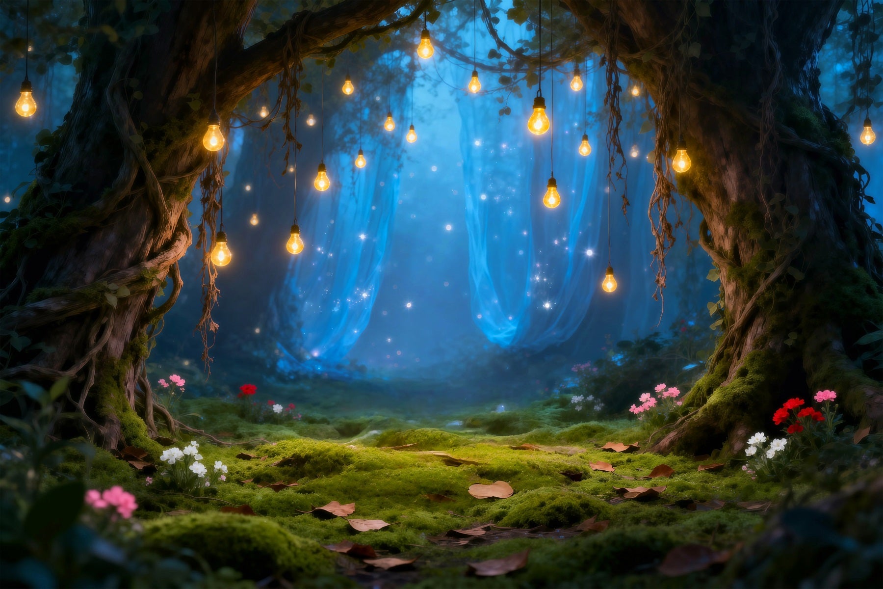 Rain Forest Backdrop Hanging Bulb Magical Mossy Clearing Enchanted Forest Theme Backdrop RR63-147