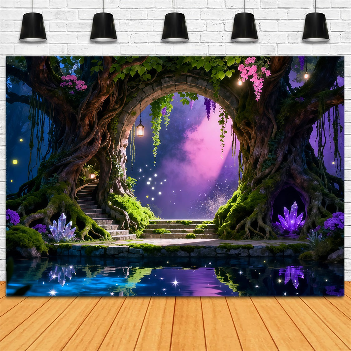 Forest Theme Backdrop Enchanted Tree Arch Crystal Reflection Pool Forest Scene Backdrop RR63-149