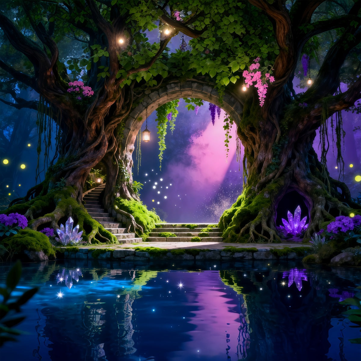 Forest Theme Backdrop Enchanted Tree Arch Crystal Reflection Pool Forest Scene Backdrop RR63-149
