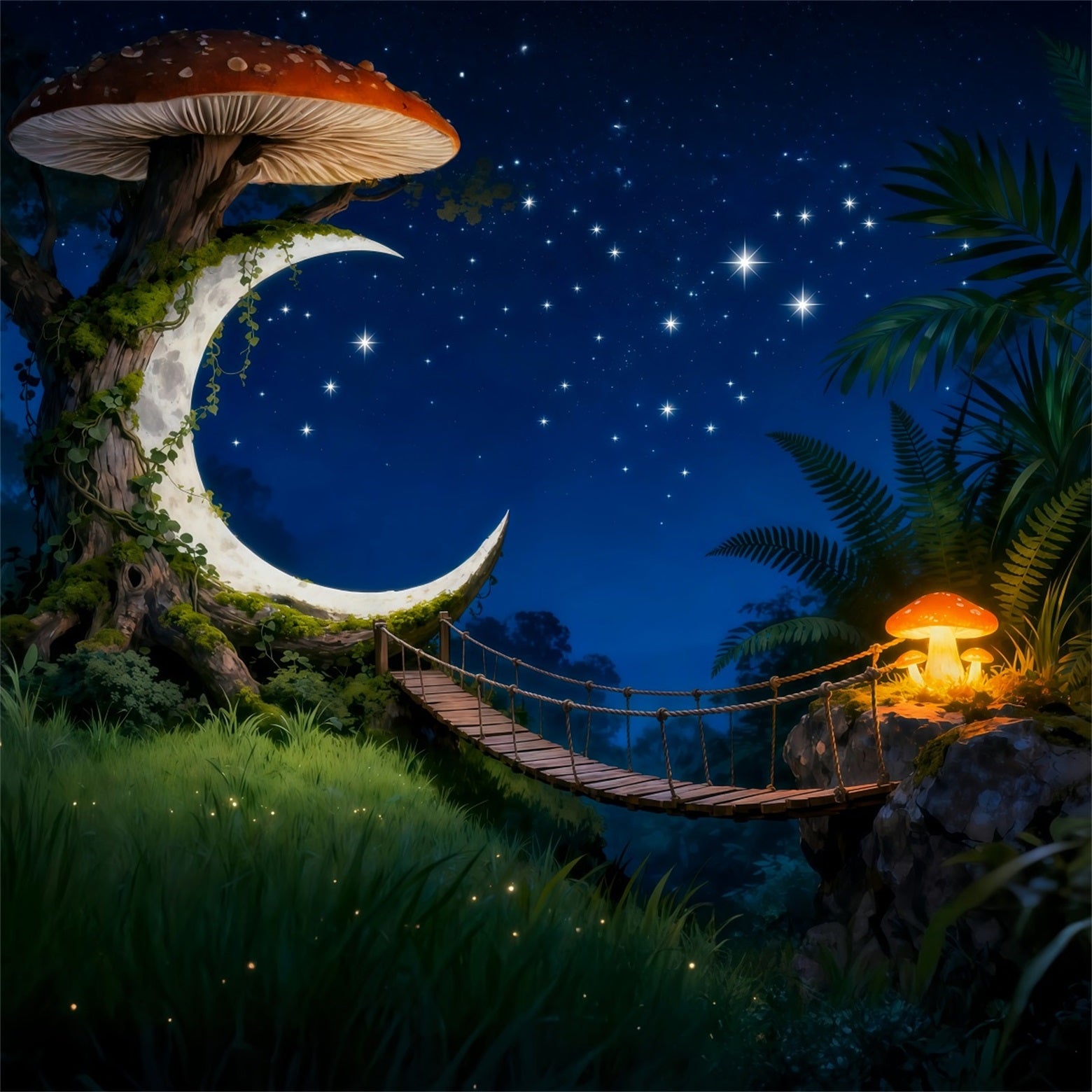 Twilight Forest Backdrop Crescent Moon Bridge Starry Night Forest Themed Backdrop RR63-150