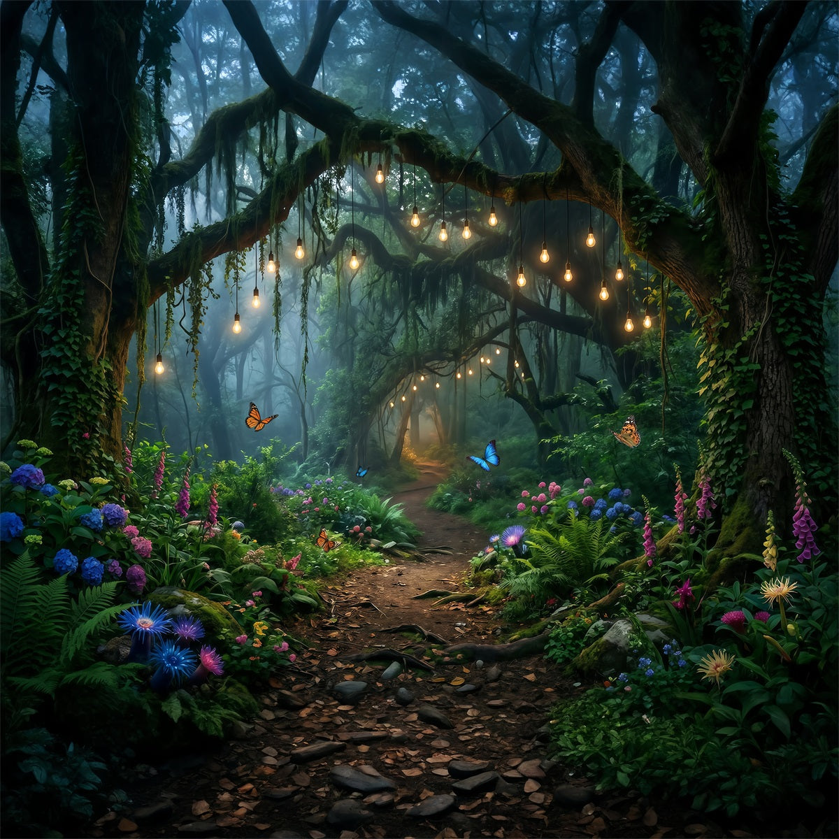 Photography Backdrop Forest Hanging Bulb Woodland Floral Pathway Fantasy Forest Backdrop RR63-152