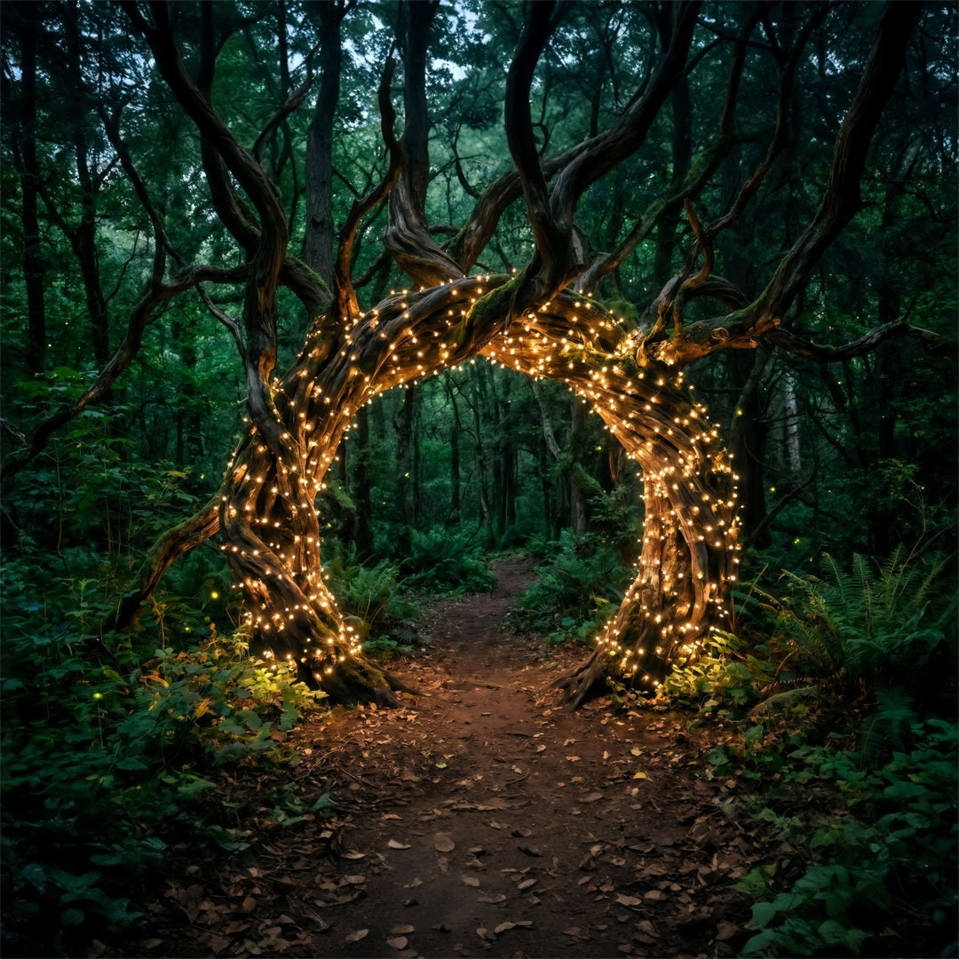 Backdrop Forest Theme Twisted Tree Arch Golden Fairy Lights Green Forest Backdrop RR63-153