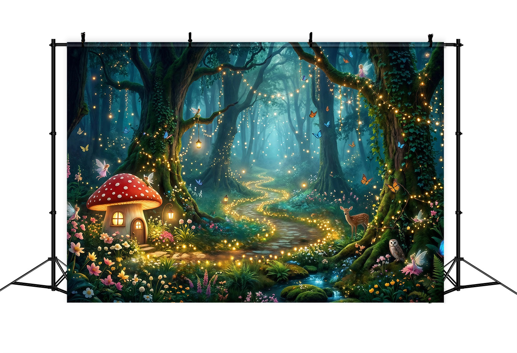 Enchanted Forest Backdrop Mushroom Cottage Glowing Pathway Forest Photo Booth Backdrop RR63-154