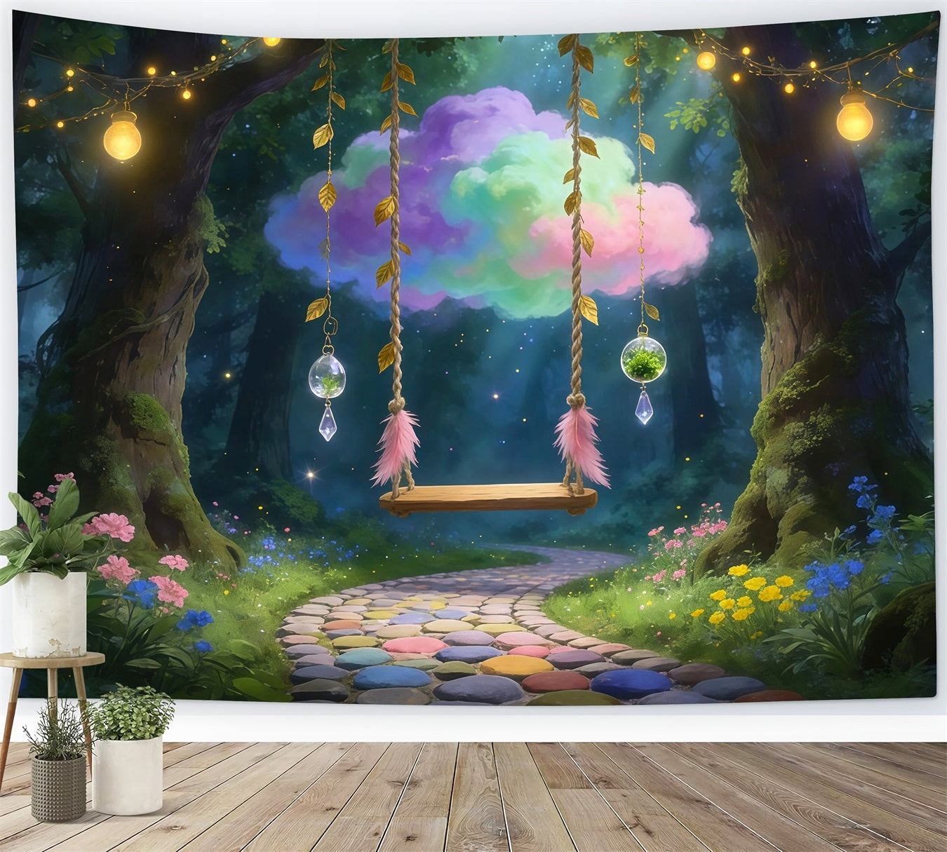 Enchanted Forest Photography Backdrop Dreamy Cloud Swing Hanging Crystal Forest Backdrop RR63-158