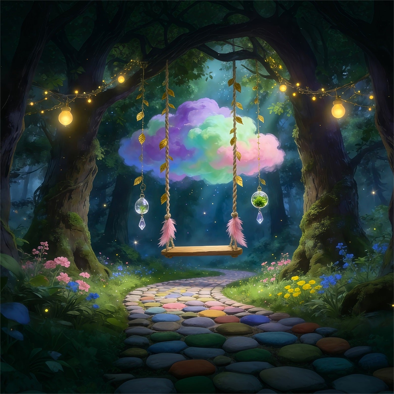 Enchanted Forest Photography Backdrop Dreamy Cloud Swing Hanging Crystal Forest Backdrop RR63-158