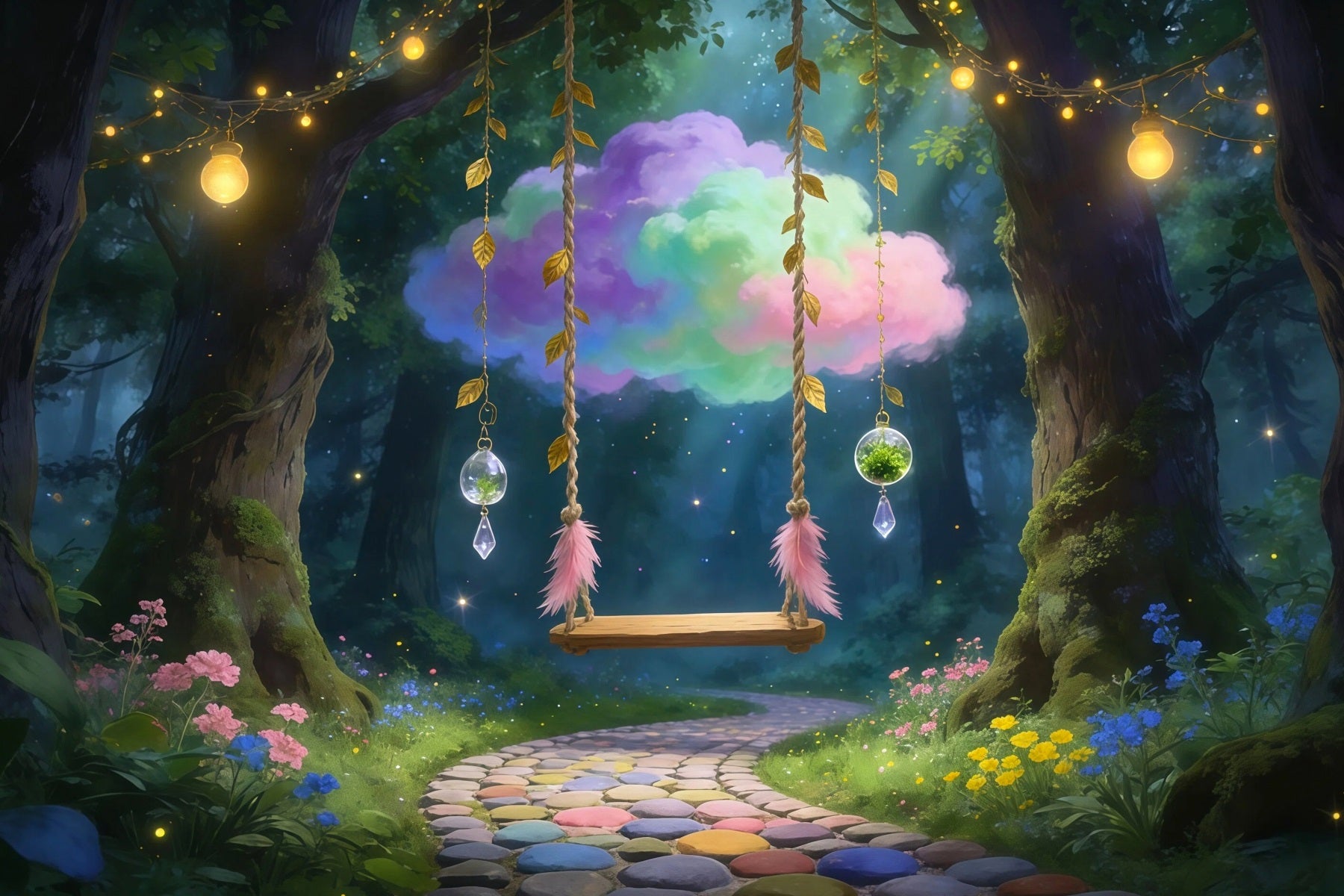 Enchanted Forest Photography Backdrop Dreamy Cloud Swing Hanging Crystal Forest Backdrop RR63-158