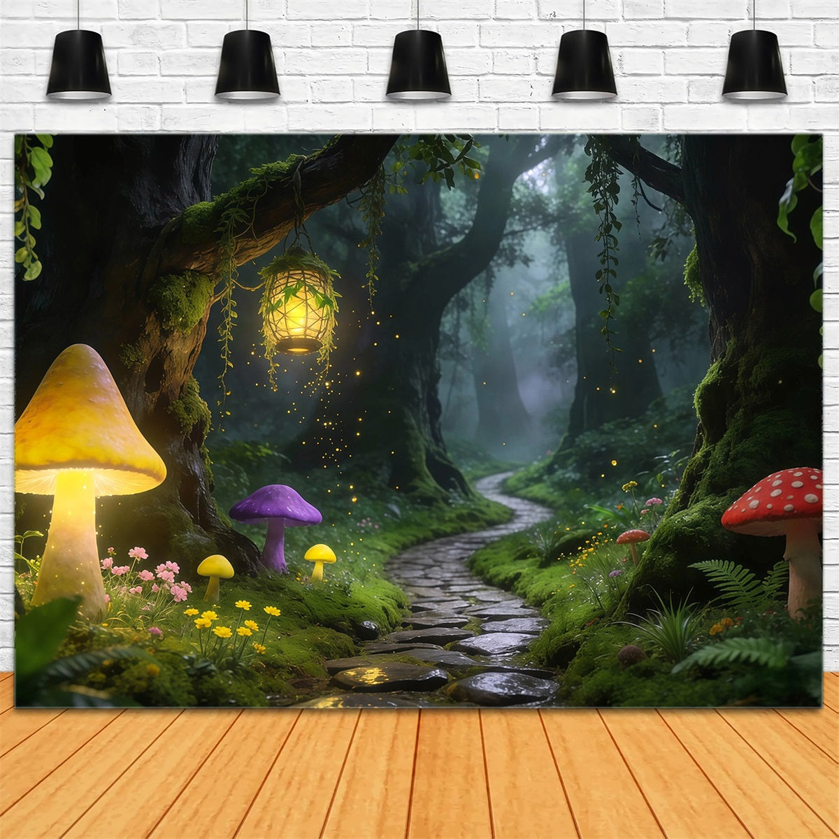 Forest Backdrop For Photography Glowing Mushroom Path Lantern Trail Rainforest Backdrop RR63-161
