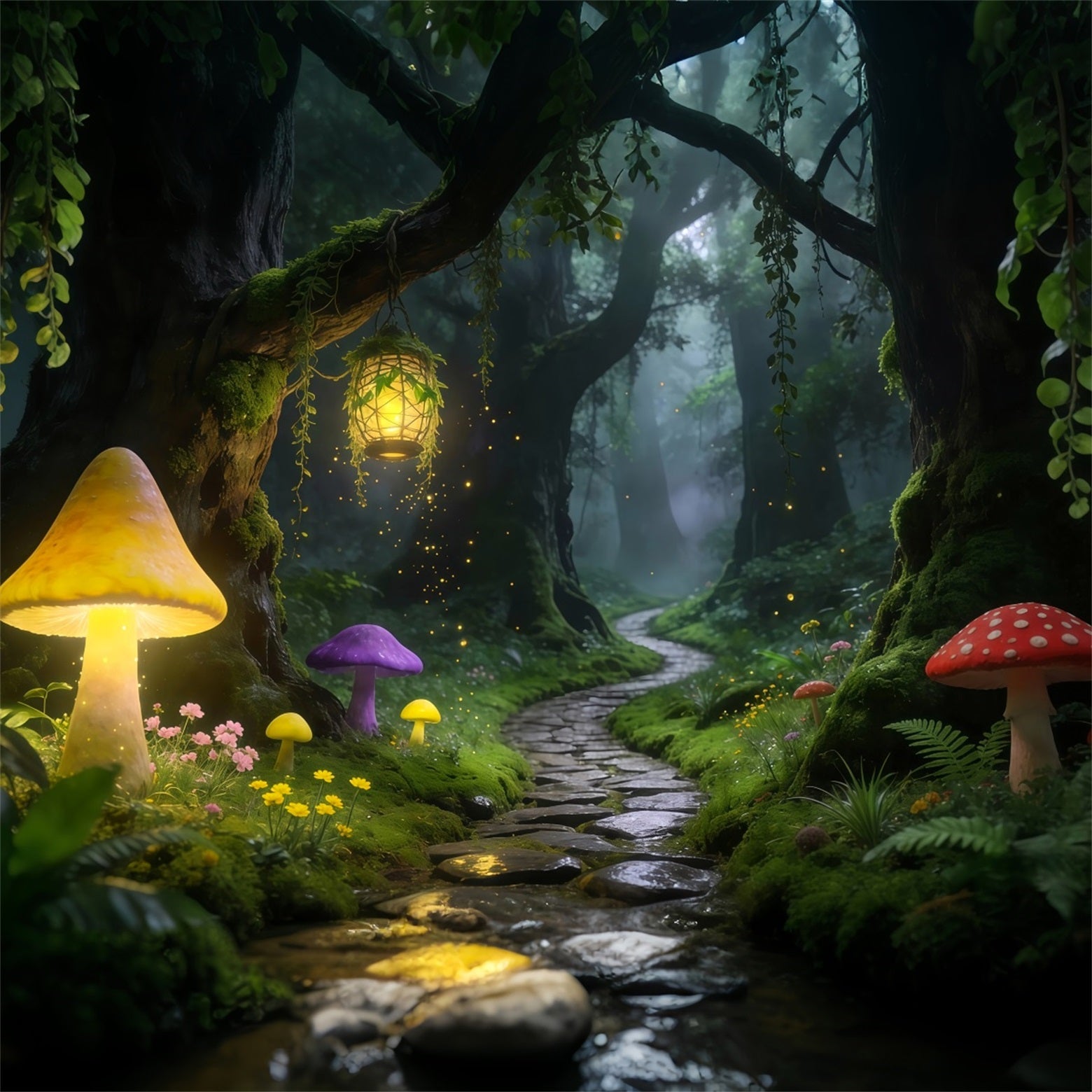 Forest Backdrop For Photography Glowing Mushroom Path Lantern Trail Rainforest Backdrop RR63-161