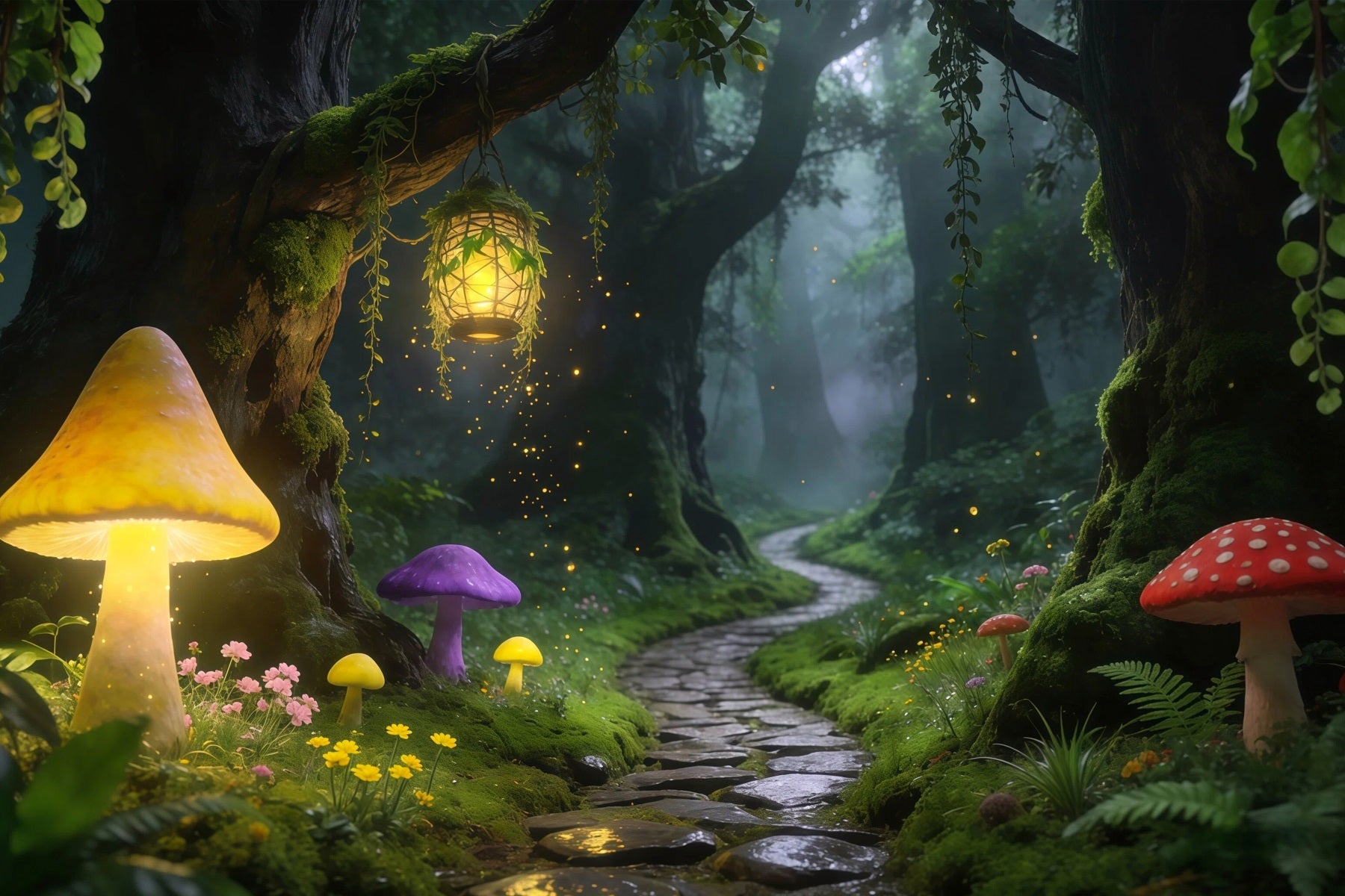 Forest Backdrop For Photography Glowing Mushroom Path Lantern Trail Rainforest Backdrop RR63-161