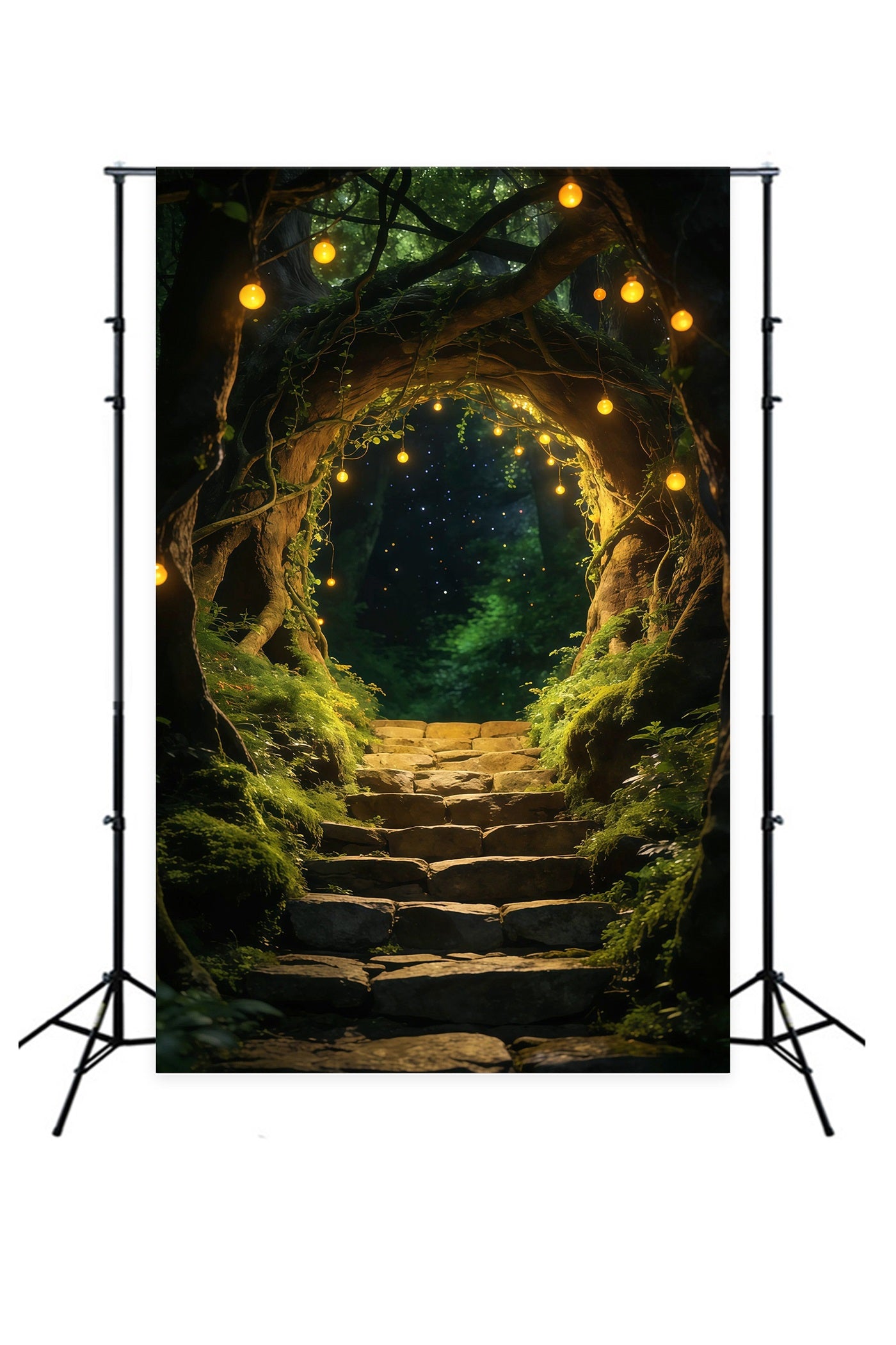 Forest Photo Booth Backdrop Enchanted Tree Arch Golden Hanging Lights Backdrop Forest RR63-163