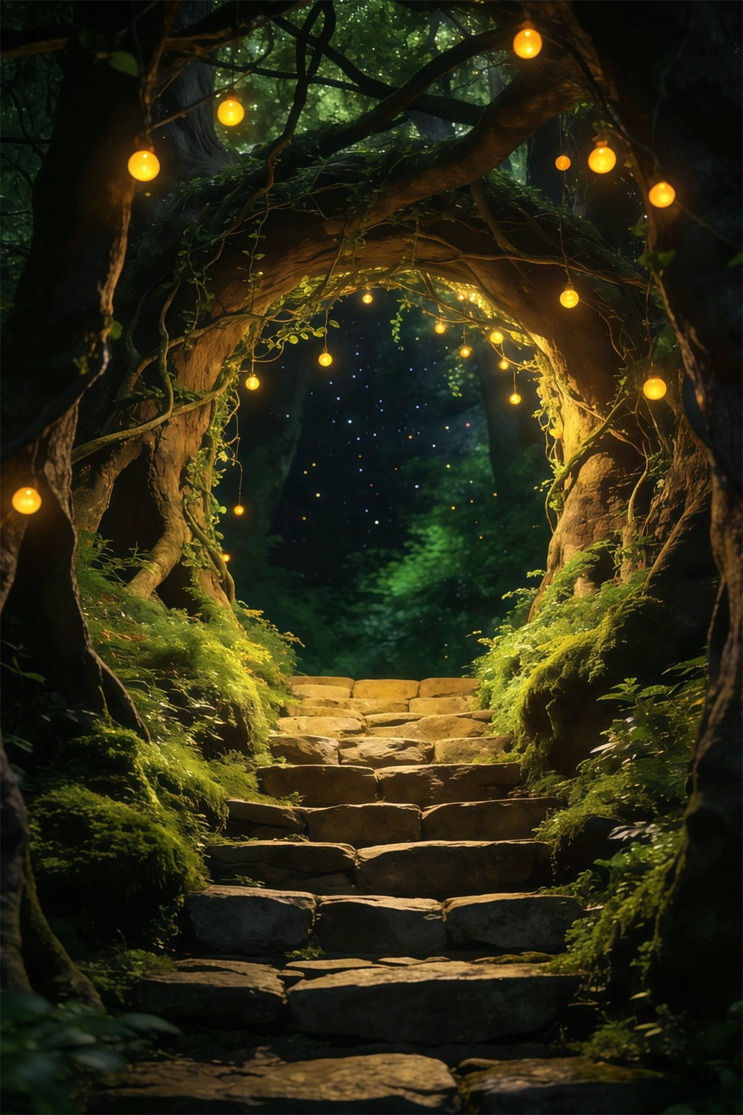 Forest Photo Booth Backdrop Enchanted Tree Arch Golden Hanging Lights Backdrop Forest RR63-163