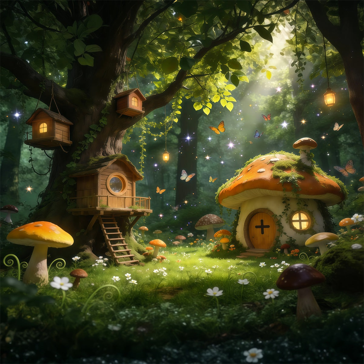 Forest Themed Backdrop Fairy Treehouse Mushroom Cottage Glow Enchanted Forest Backdrops RR63-165