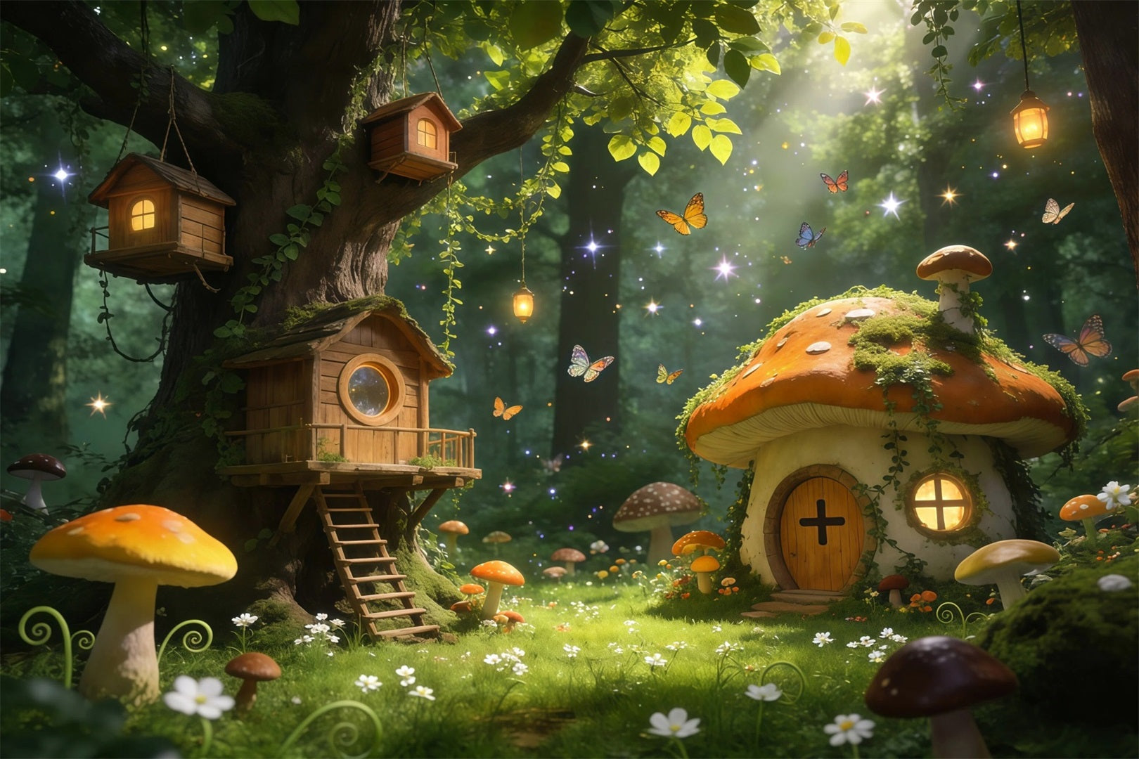 Forest Themed Backdrop Fairy Treehouse Mushroom Cottage Glow Enchanted Forest Backdrops RR63-165