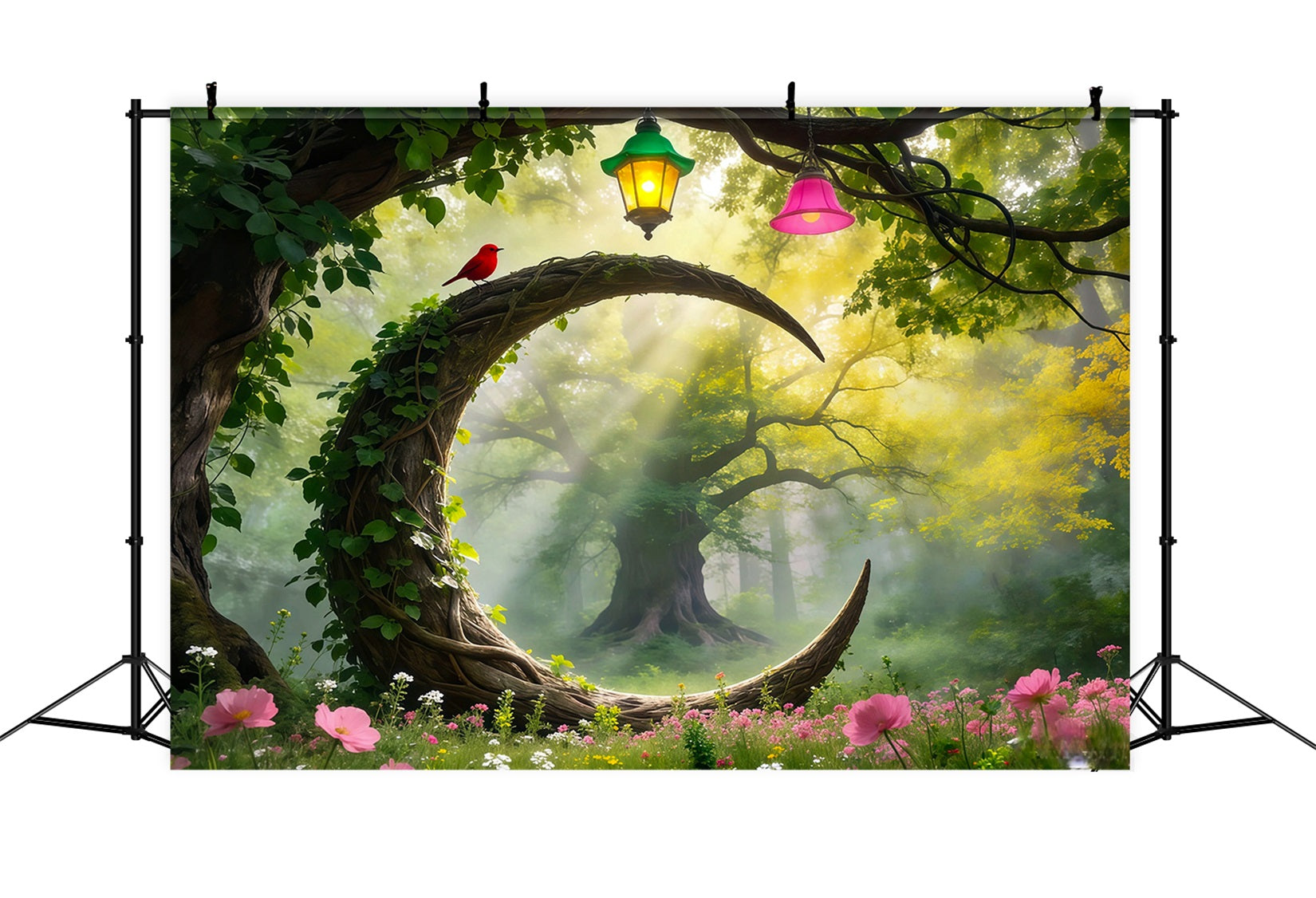 Forest Green Backdrop Curved Vine Arch Red Bird Lanterns Forest Photo Backdrop RR63-166