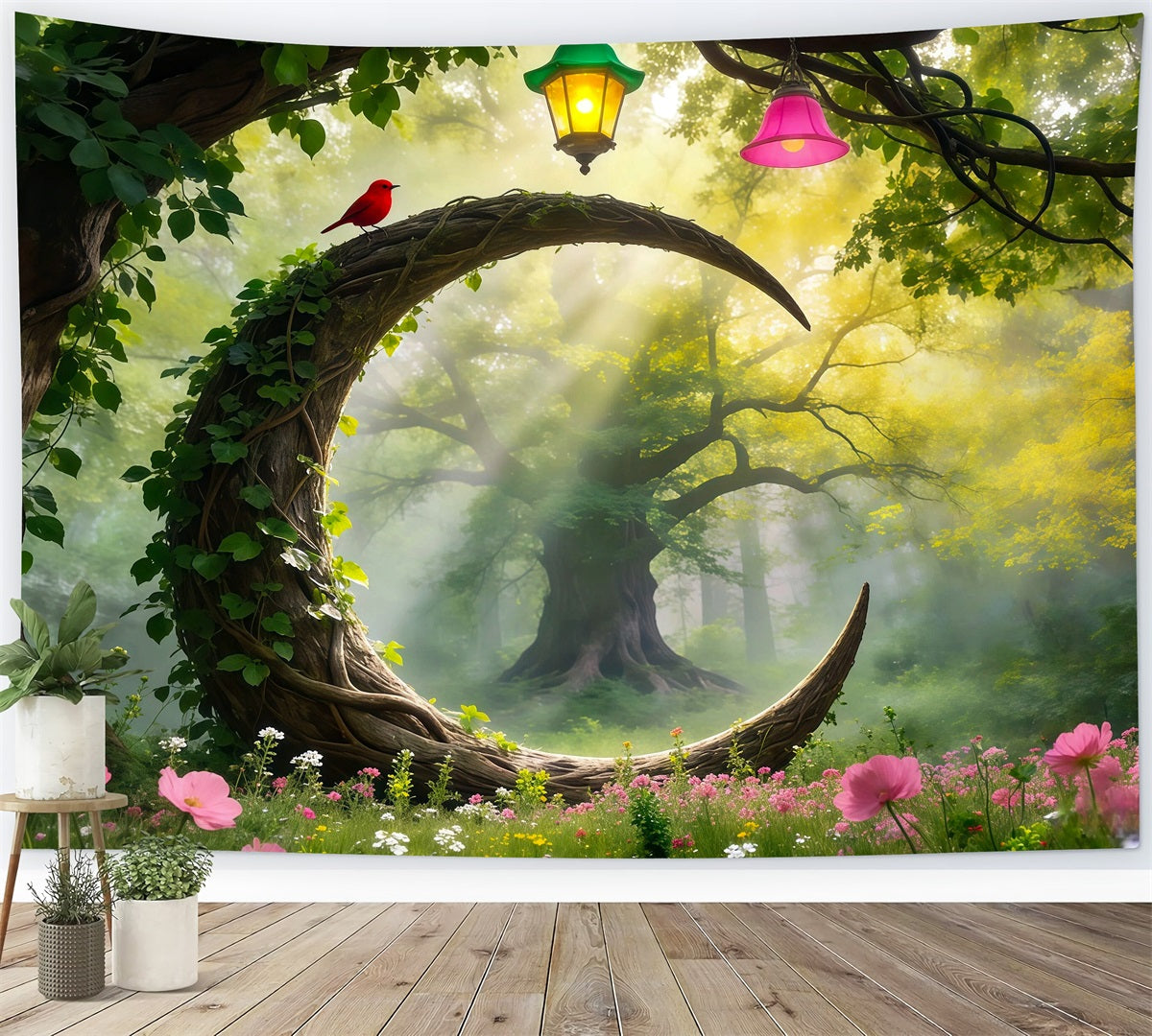 Forest Green Backdrop Curved Vine Arch Red Bird Lanterns Forest Photo Backdrop RR63-166