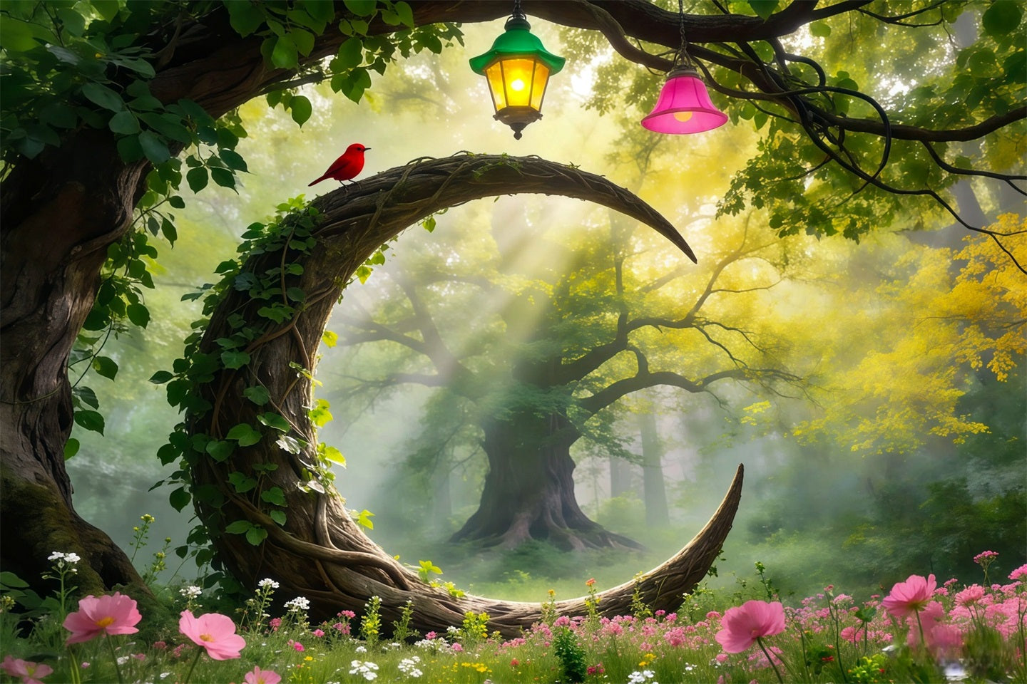 Forest Green Backdrop Curved Vine Arch Red Bird Lanterns Forest Photo Backdrop RR63-166