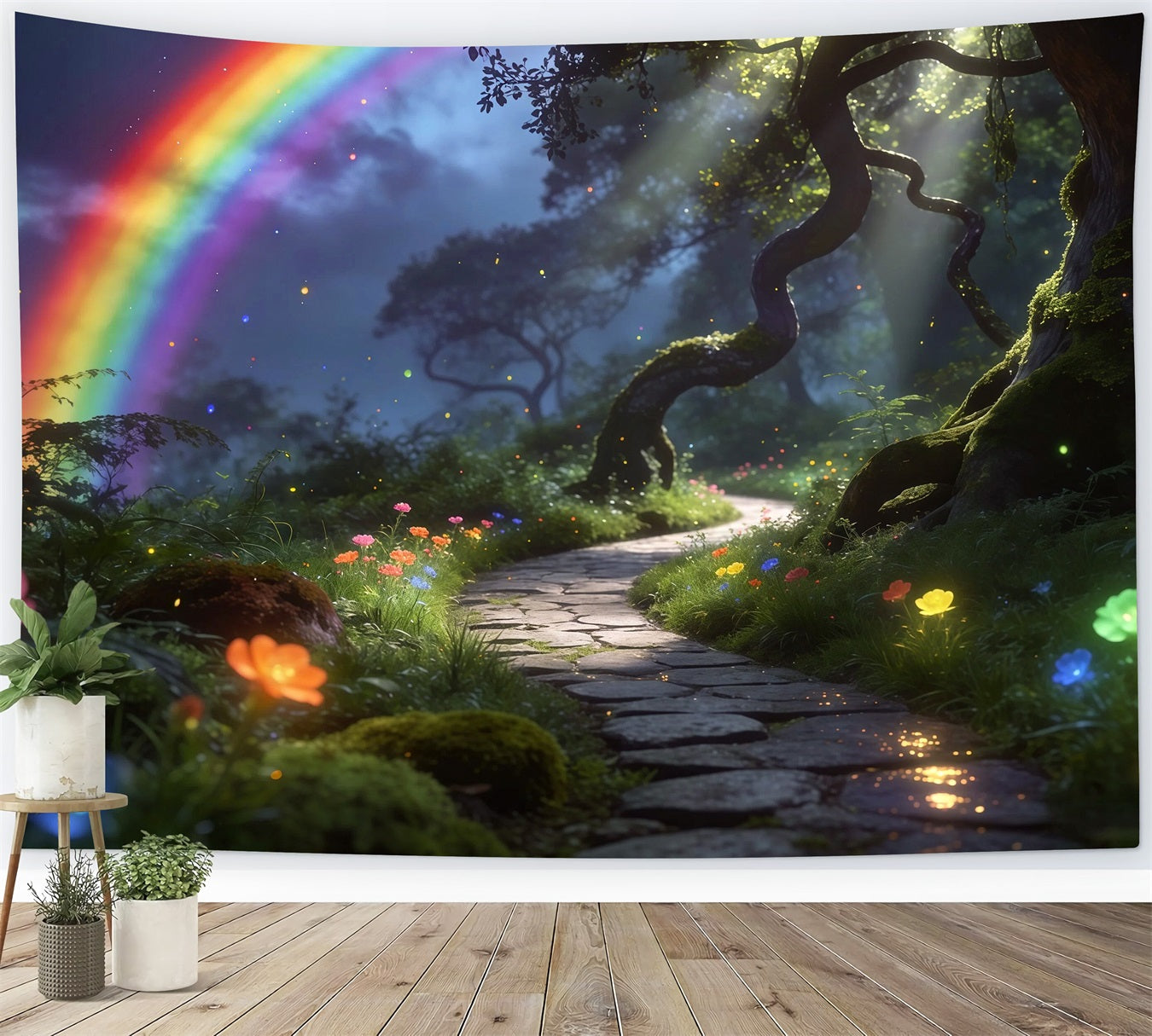 Enchanted Forest Backdrop Rainbow Sky Woodland Path Dream Glow Forest Photo Backdrops RR63-169